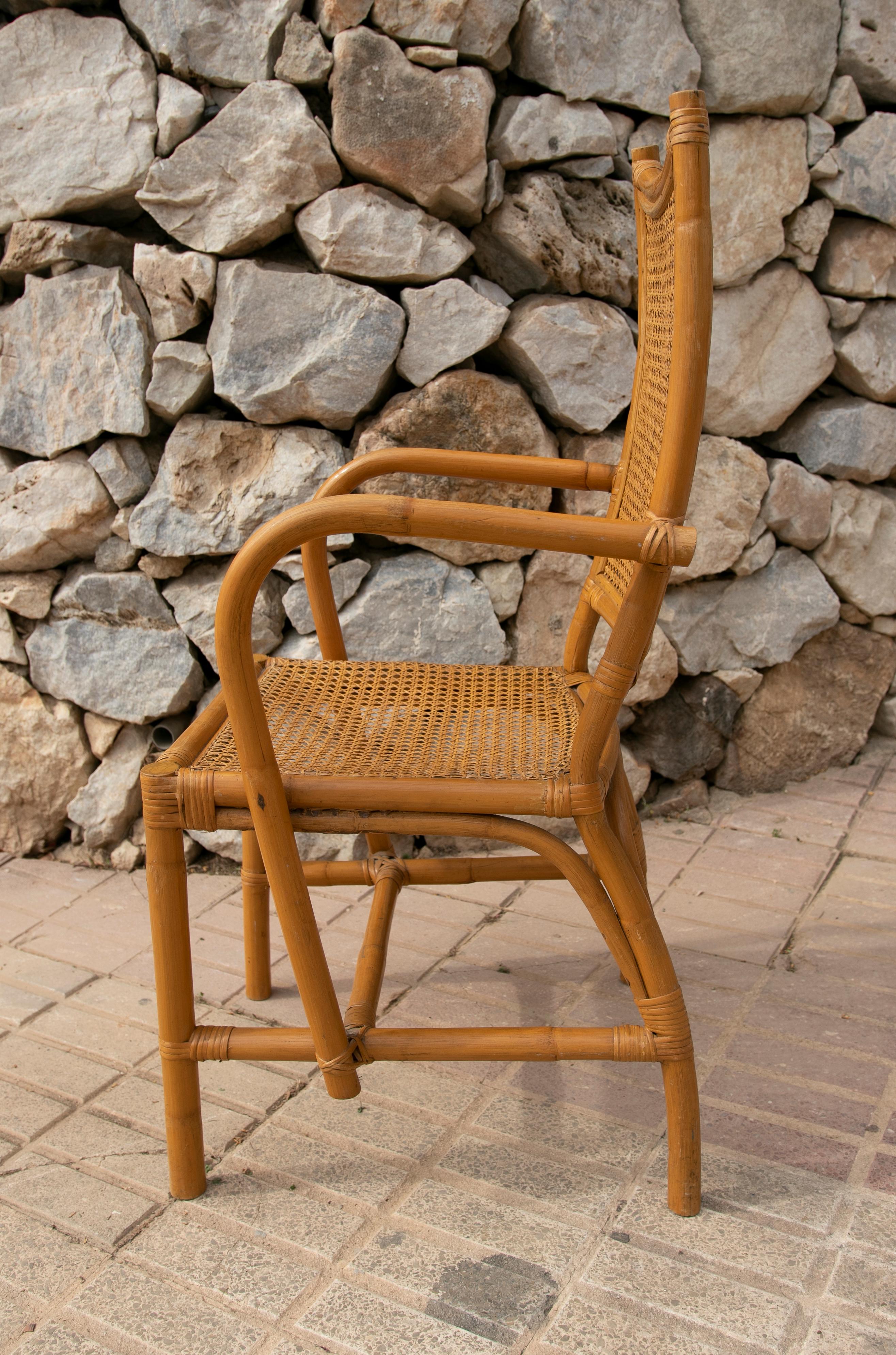 20th Century Pair of Spanish Bamboo Armchairs with Rattan Grid Seating and Backrest For Sale