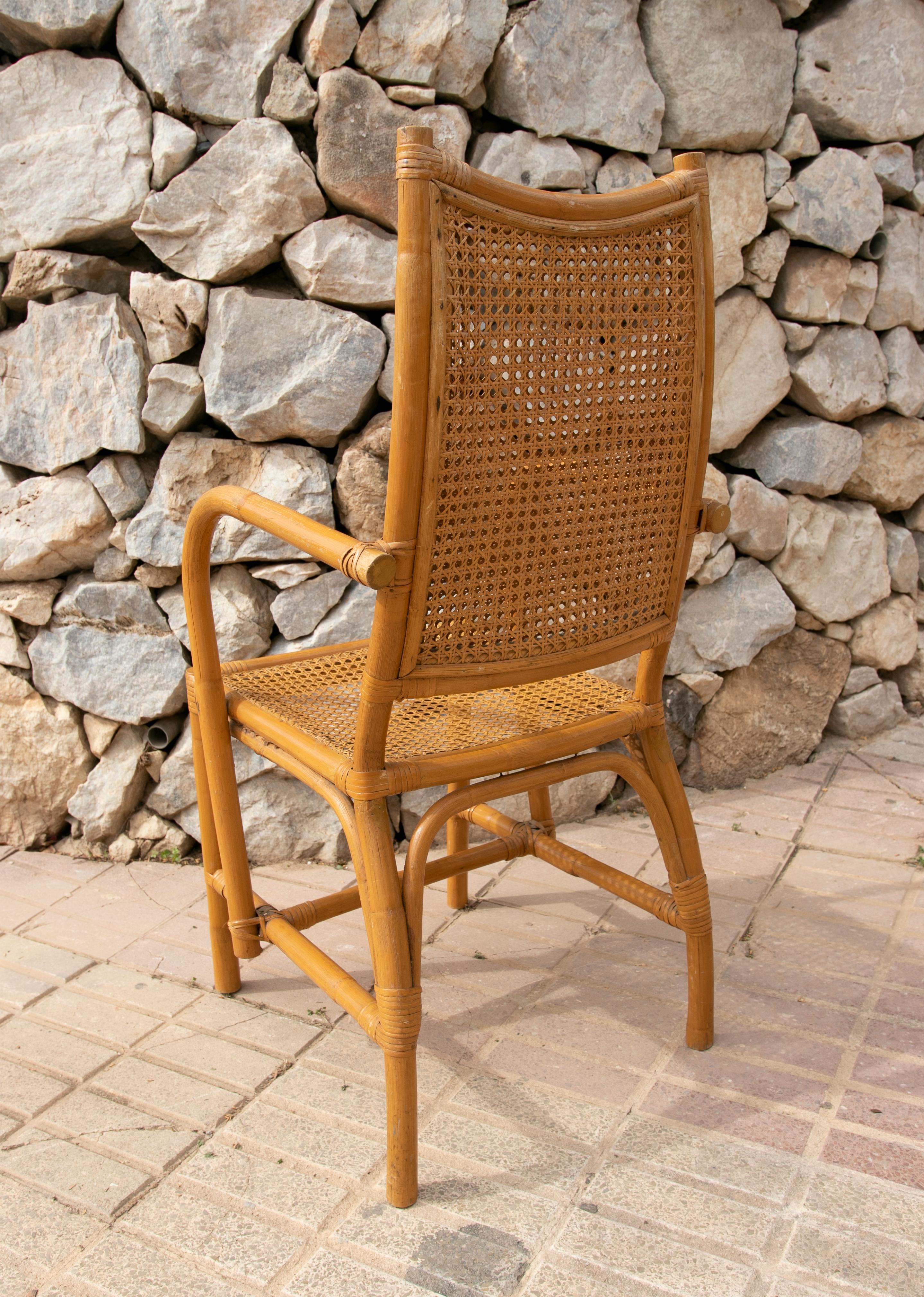 Pair of Spanish Bamboo Armchairs with Rattan Grid Seating and Backrest For Sale 1