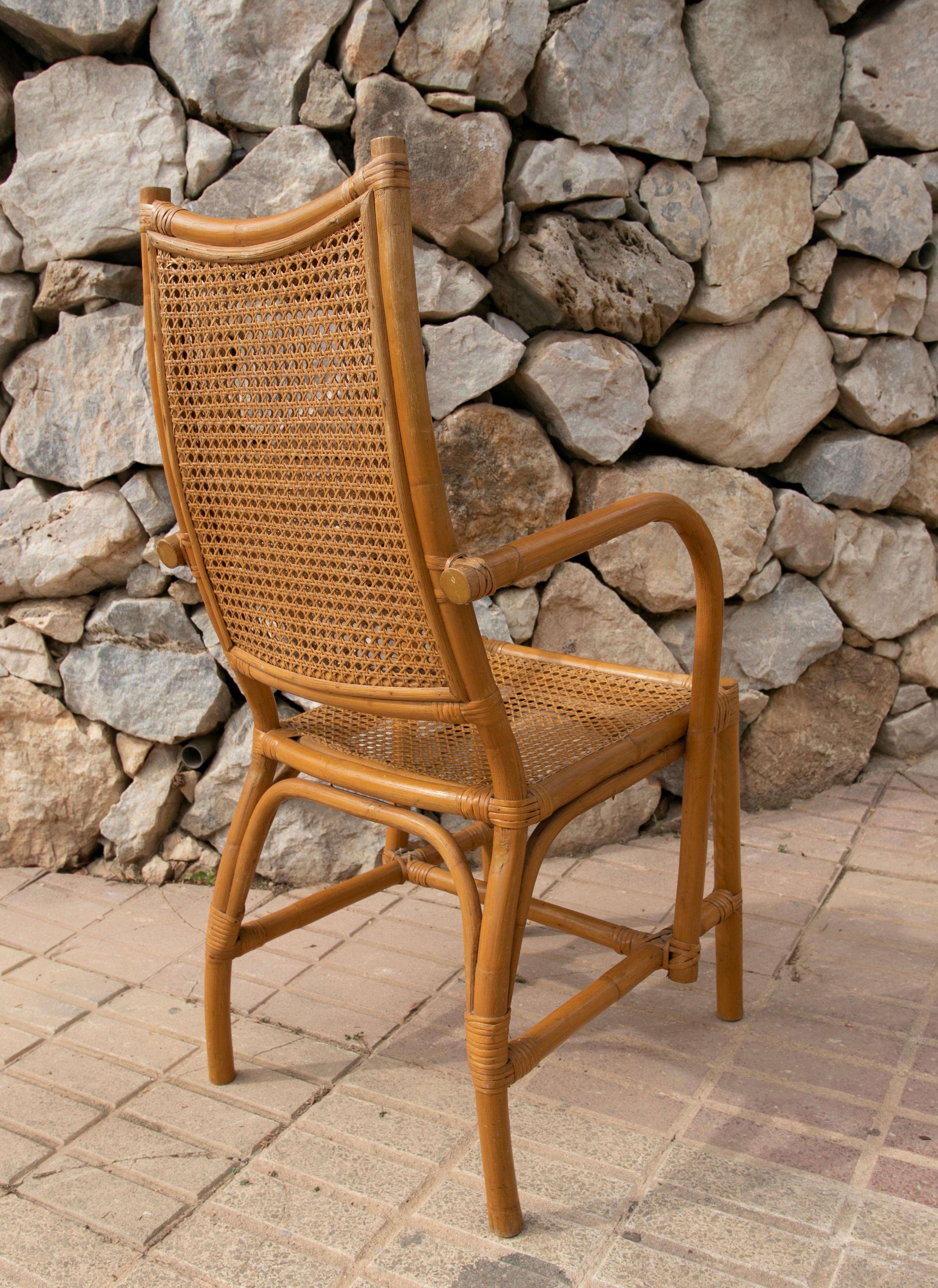 Pair of Spanish Bamboo Armchairs with Rattan Grid Seating and Backrest For Sale 2