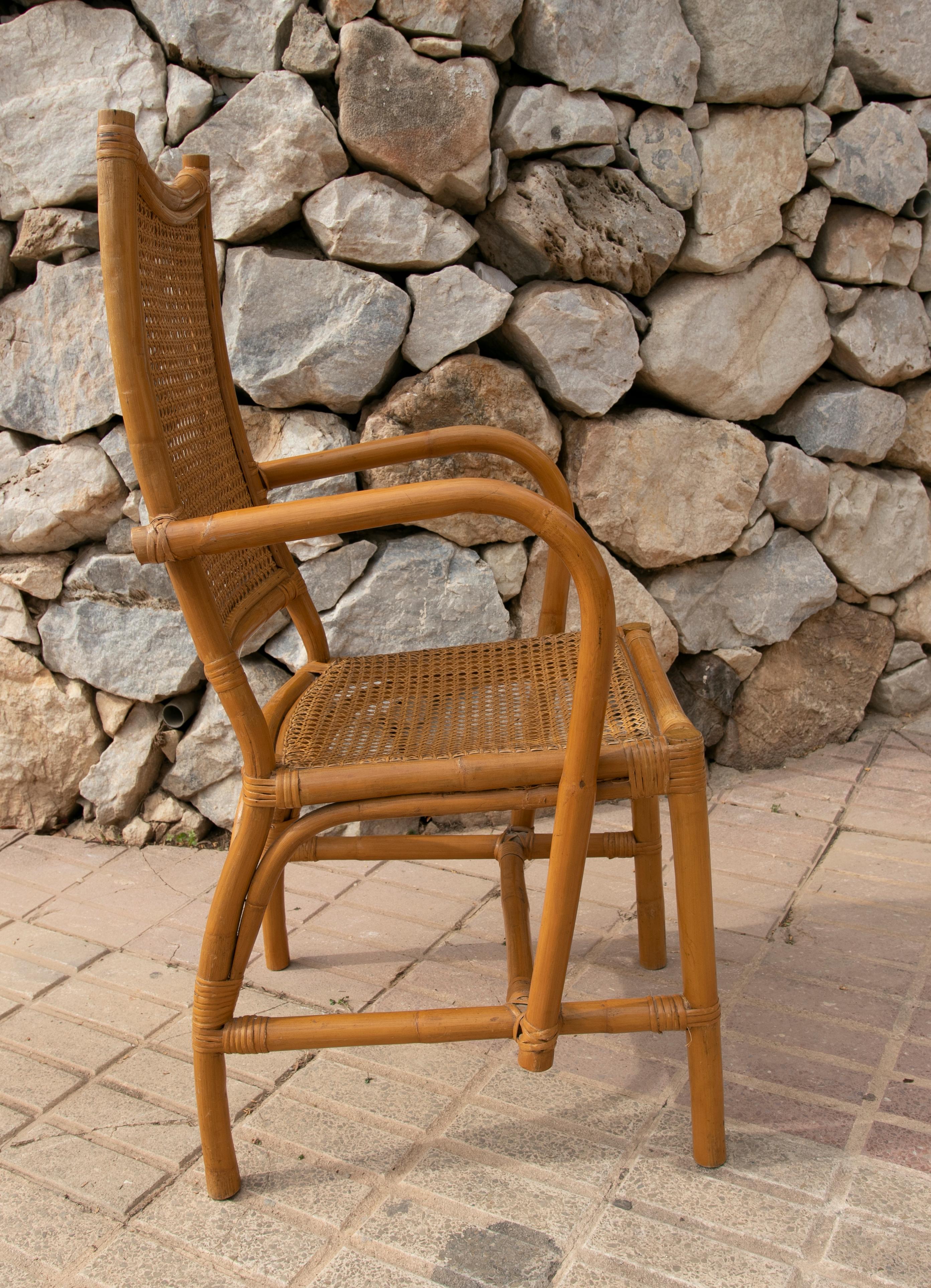 Pair of Spanish Bamboo Armchairs with Rattan Grid Seating and Backrest For Sale 3