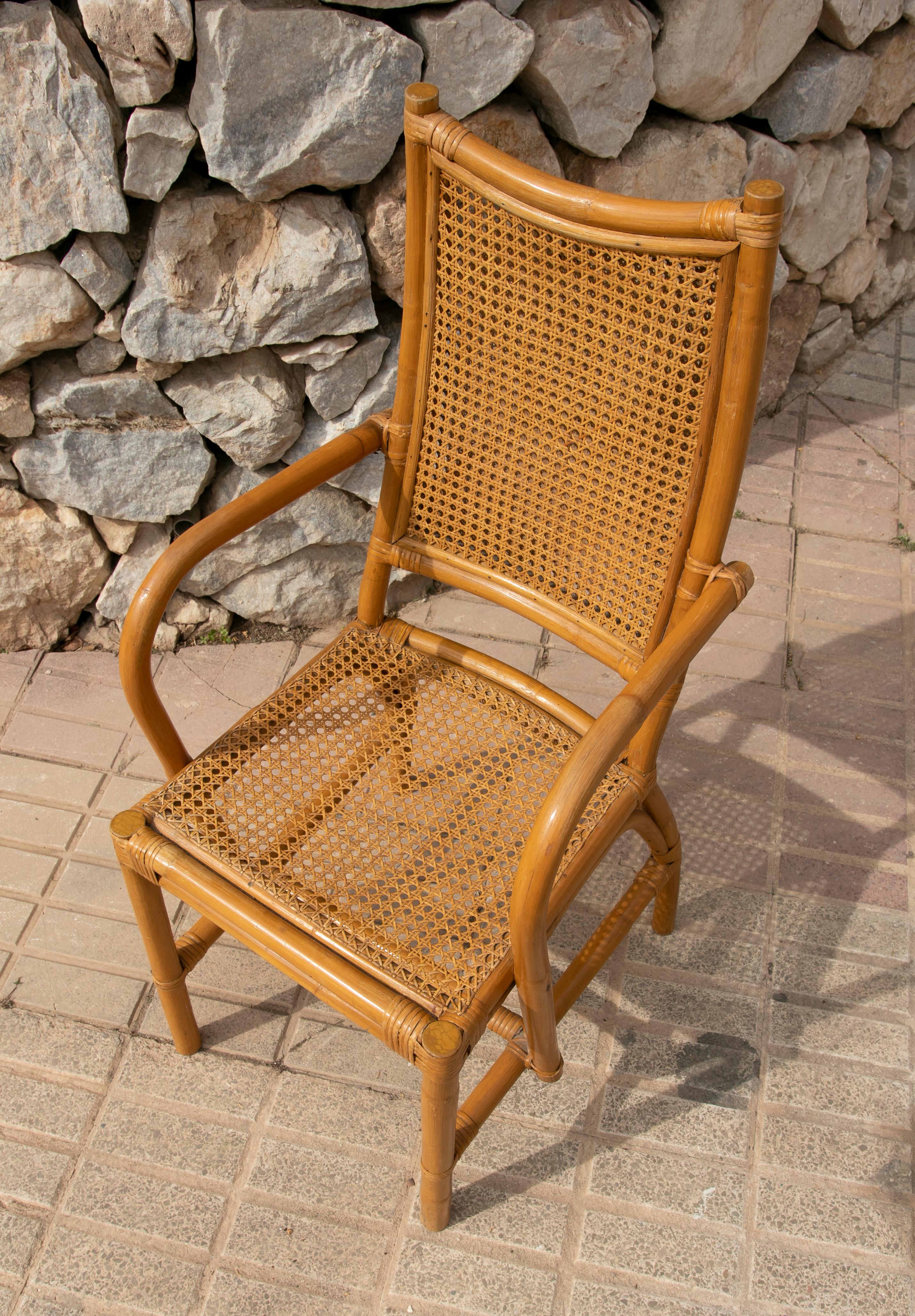 Pair of Spanish Bamboo Armchairs with Rattan Grid Seating and Backrest For Sale 4