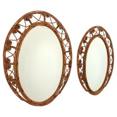 Pair of Spanish Bamboo Rattan Oval Mirrors with Filigree Frame, 1950s