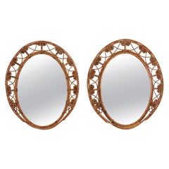 Pair of Spanish Bamboo Rattan Oval Mirrors with Filigree Frame, 1950s