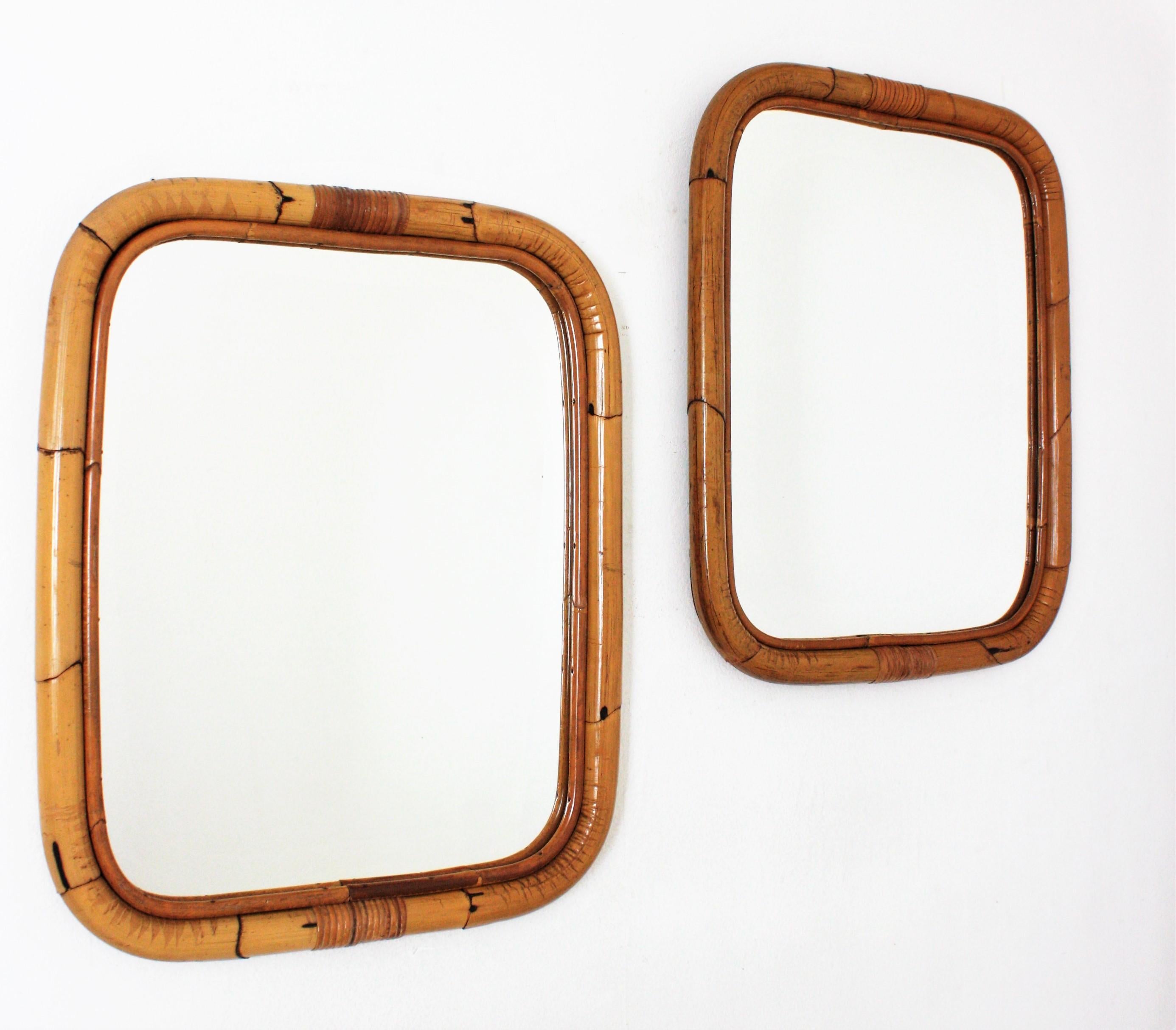 Mid-Century Modern Pair of Spanish Bamboo Rattan Rectangular Mirrors, 1960s