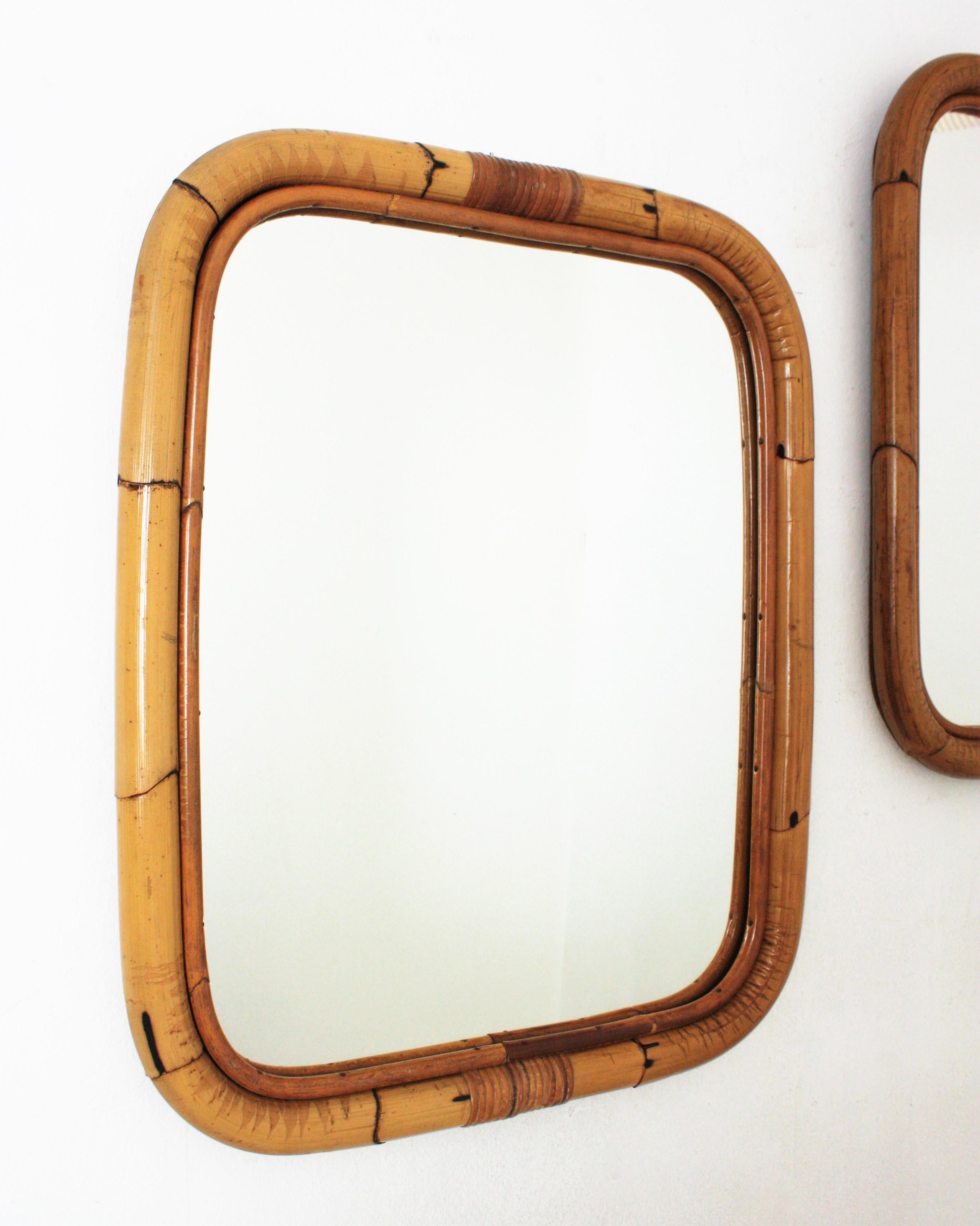 Hand-Crafted Pair of Spanish Bamboo Rattan Rectangular Mirrors, 1960s