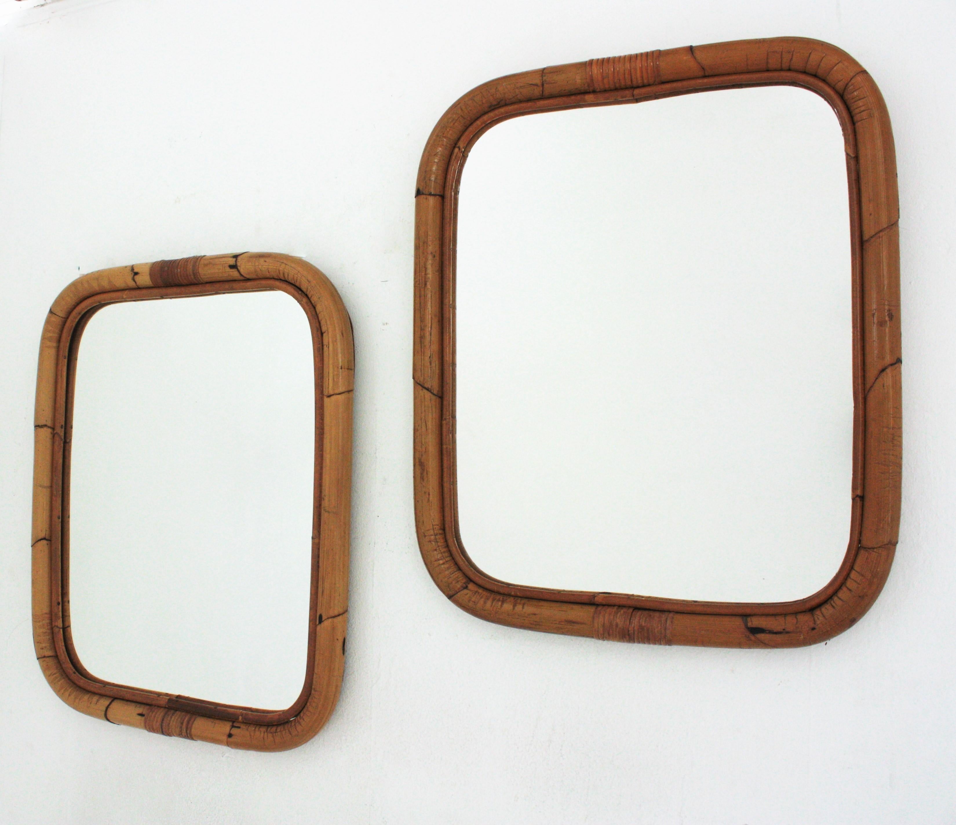 Pair of Spanish Bamboo Rattan Rectangular Mirrors, 1960s In Good Condition In Barcelona, ES