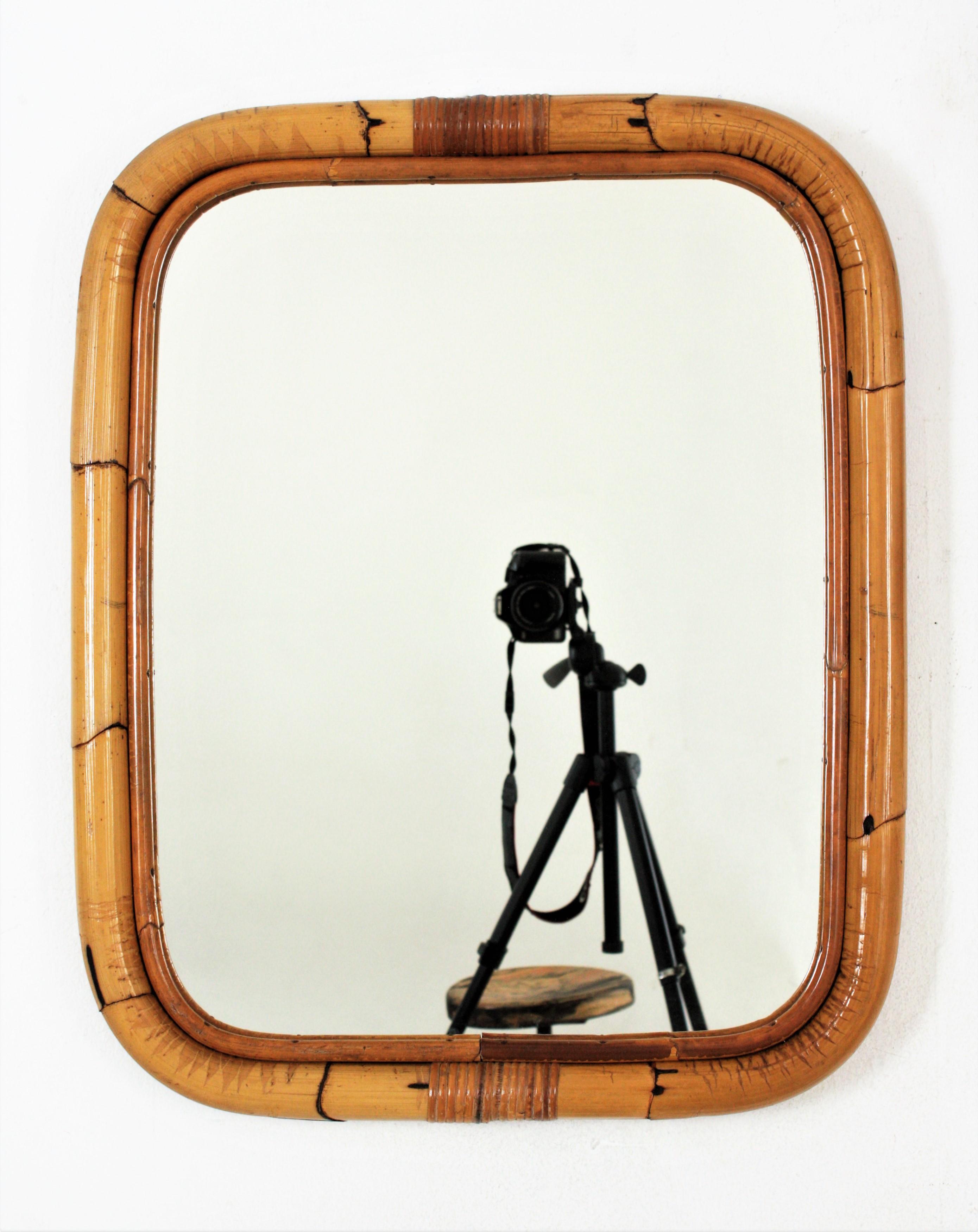 20th Century Pair of Spanish Bamboo Rattan Rectangular Mirrors, 1960s
