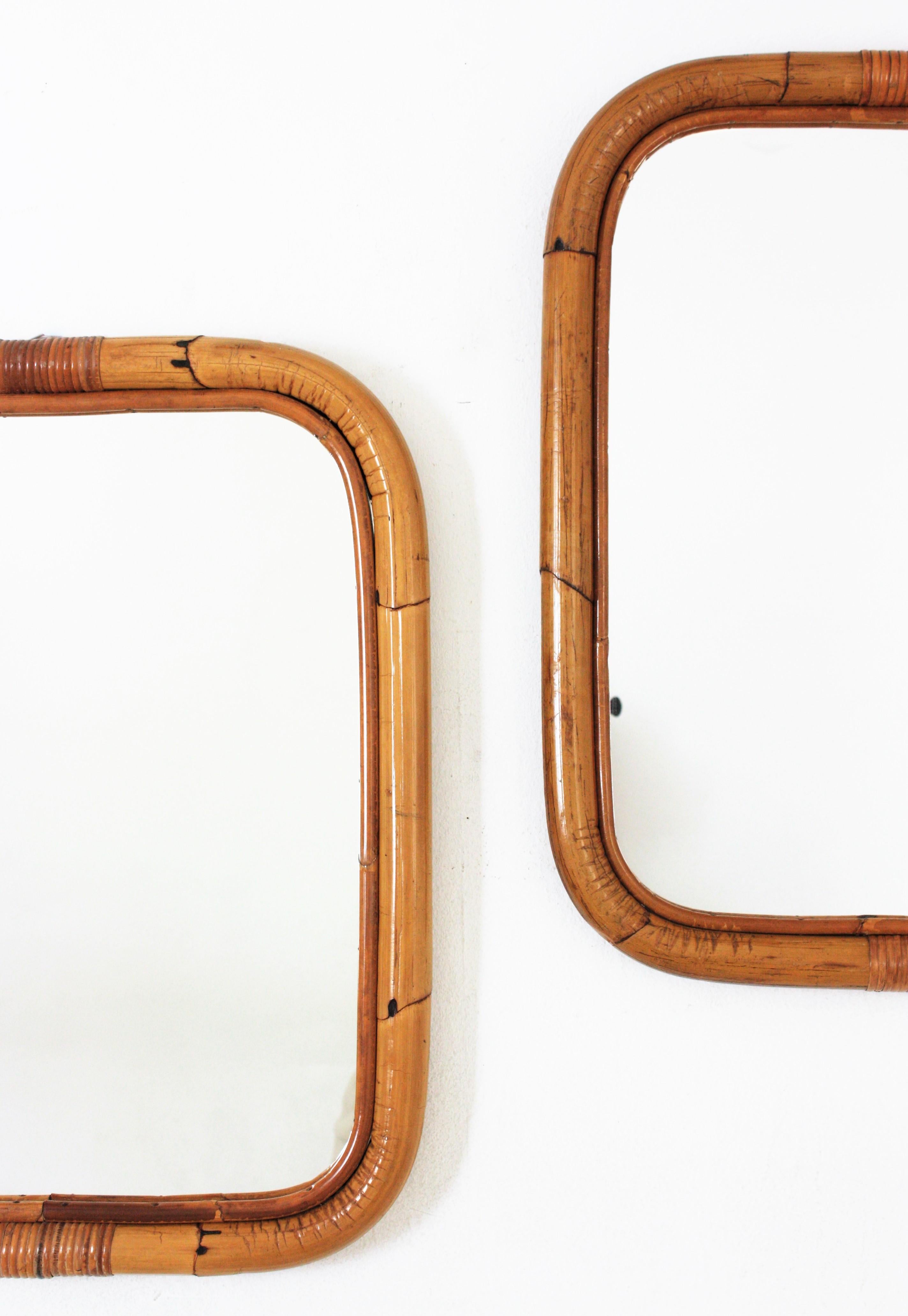 Pair of Spanish Bamboo Rattan Rectangular Mirrors, 1960s 1