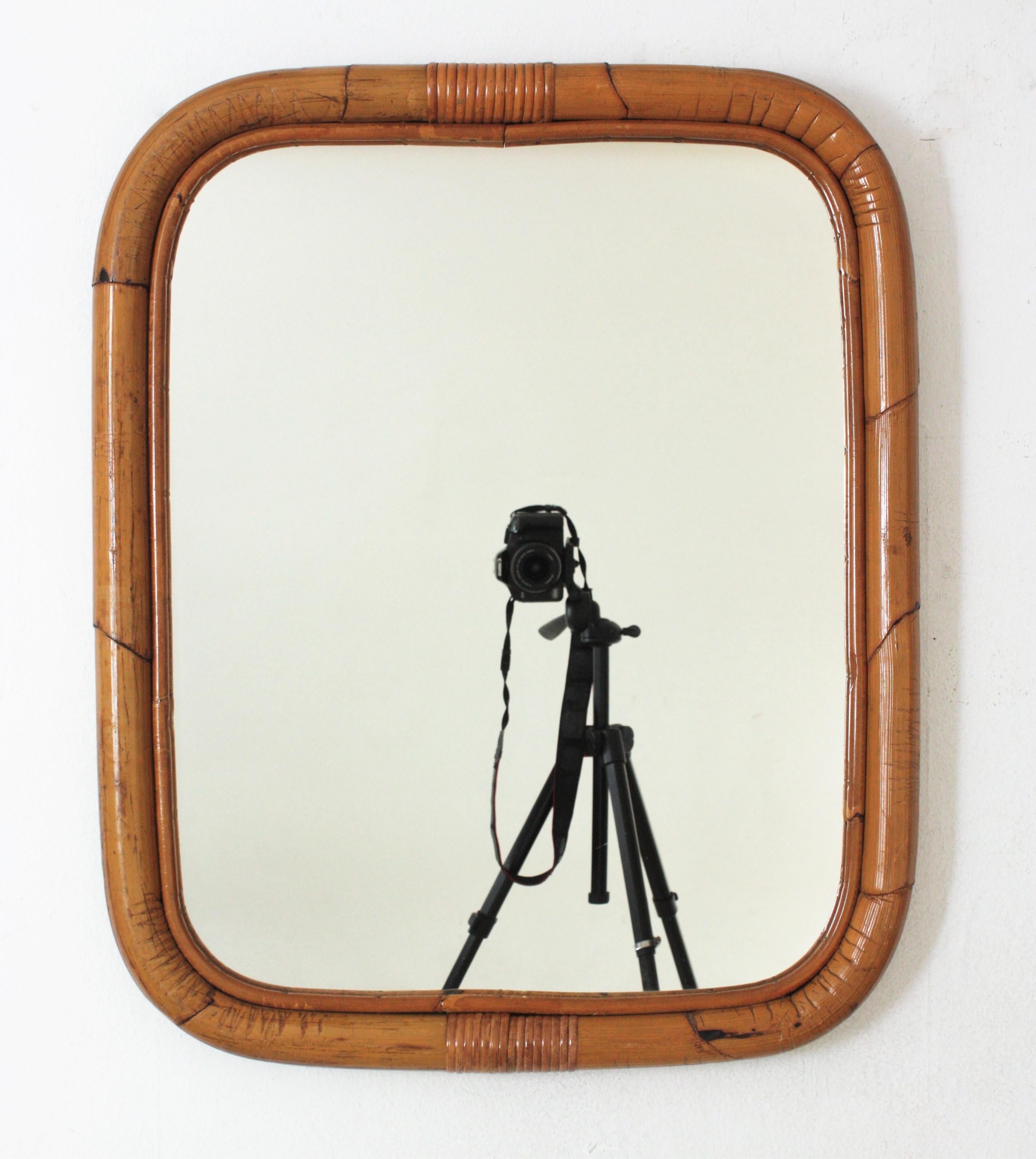 Pair of Spanish Bamboo Rattan Rectangular Mirrors, 1960s 3