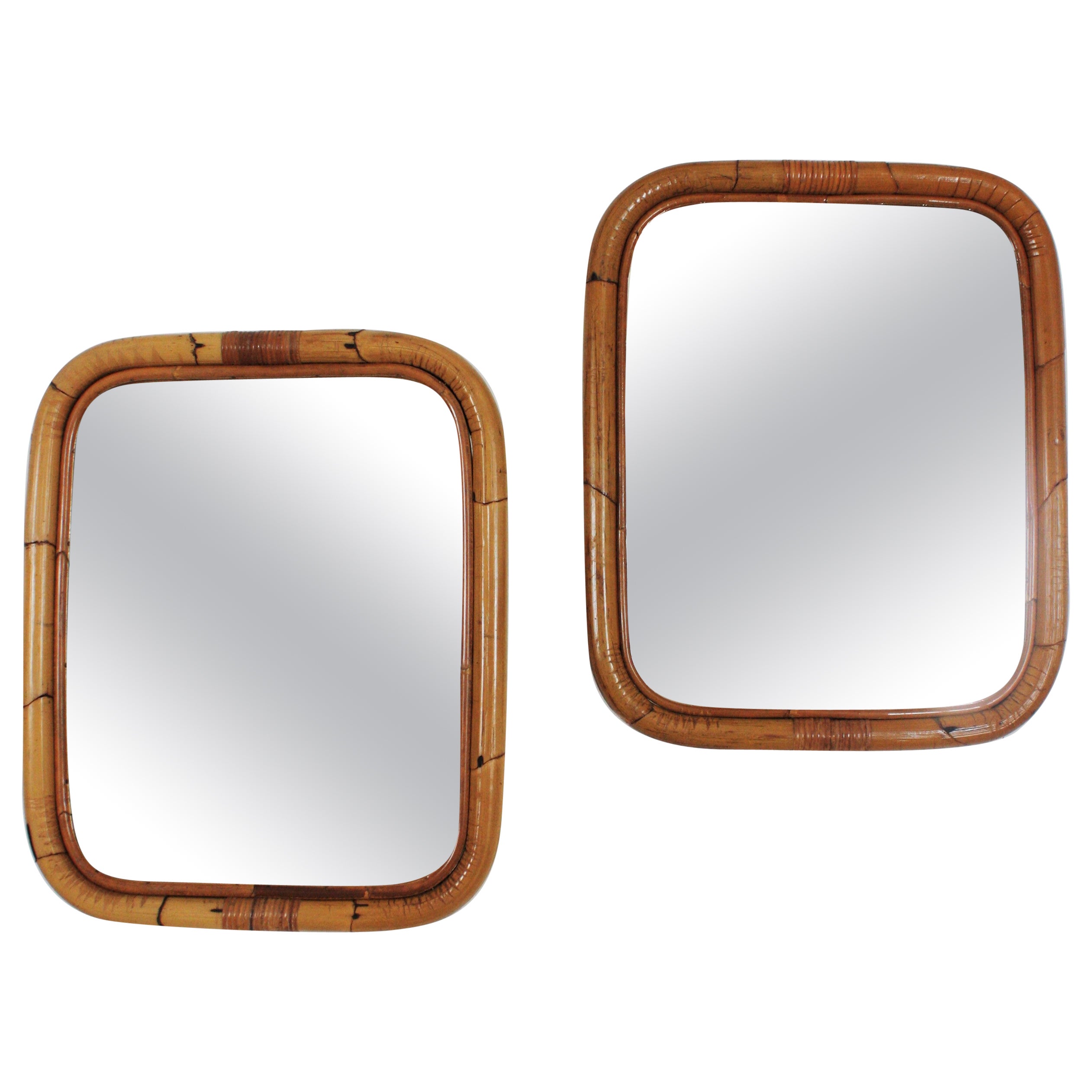 Pair of Spanish Bamboo Rattan Rectangular Mirrors, 1960s