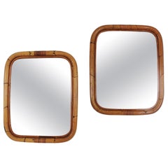 Pair of Spanish Bamboo Rattan Rectangular Mirrors, 1960s