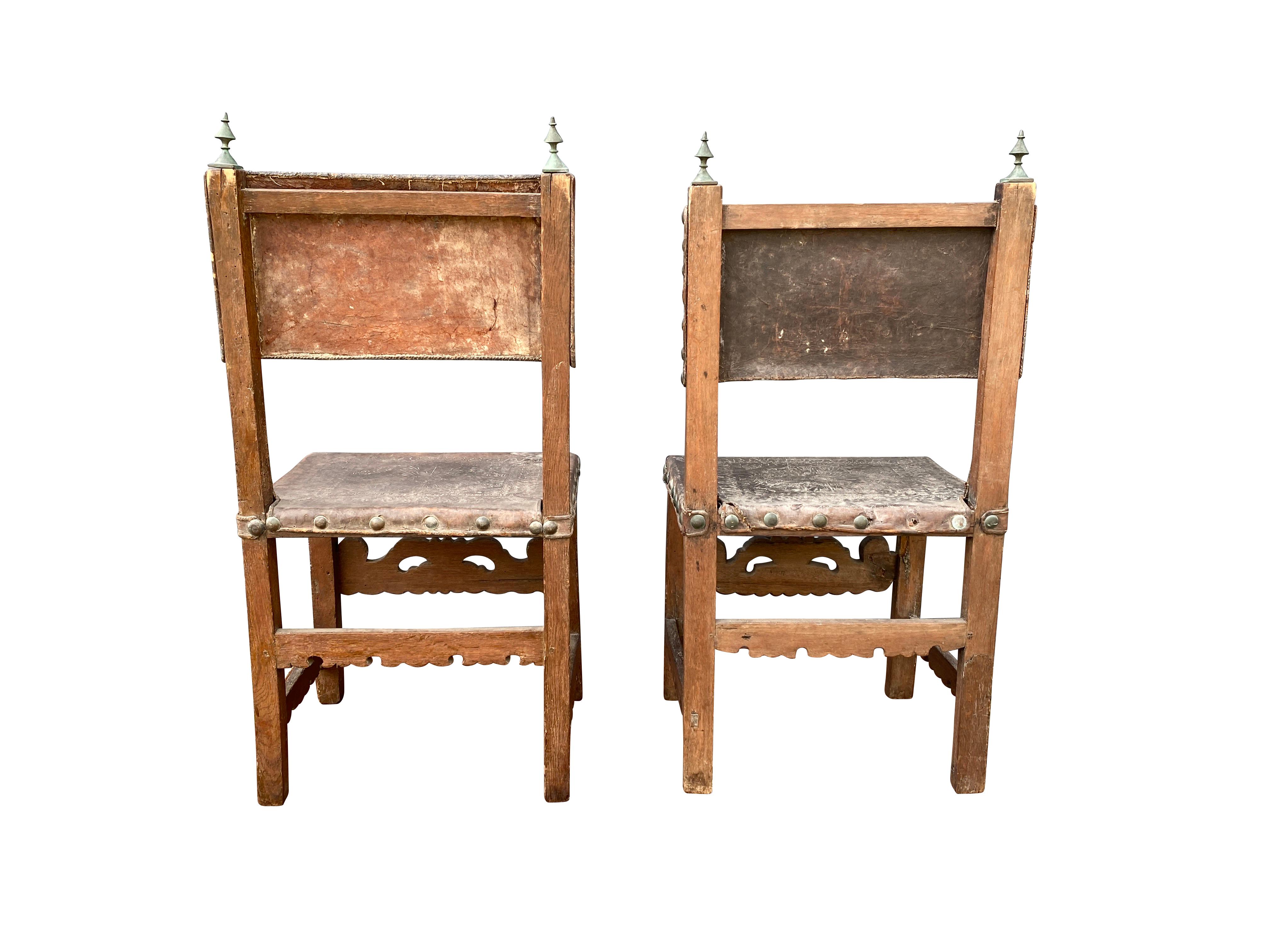 Pair of Spanish Baroque Embossed Leather Side Chairs In Good Condition For Sale In Essex, MA