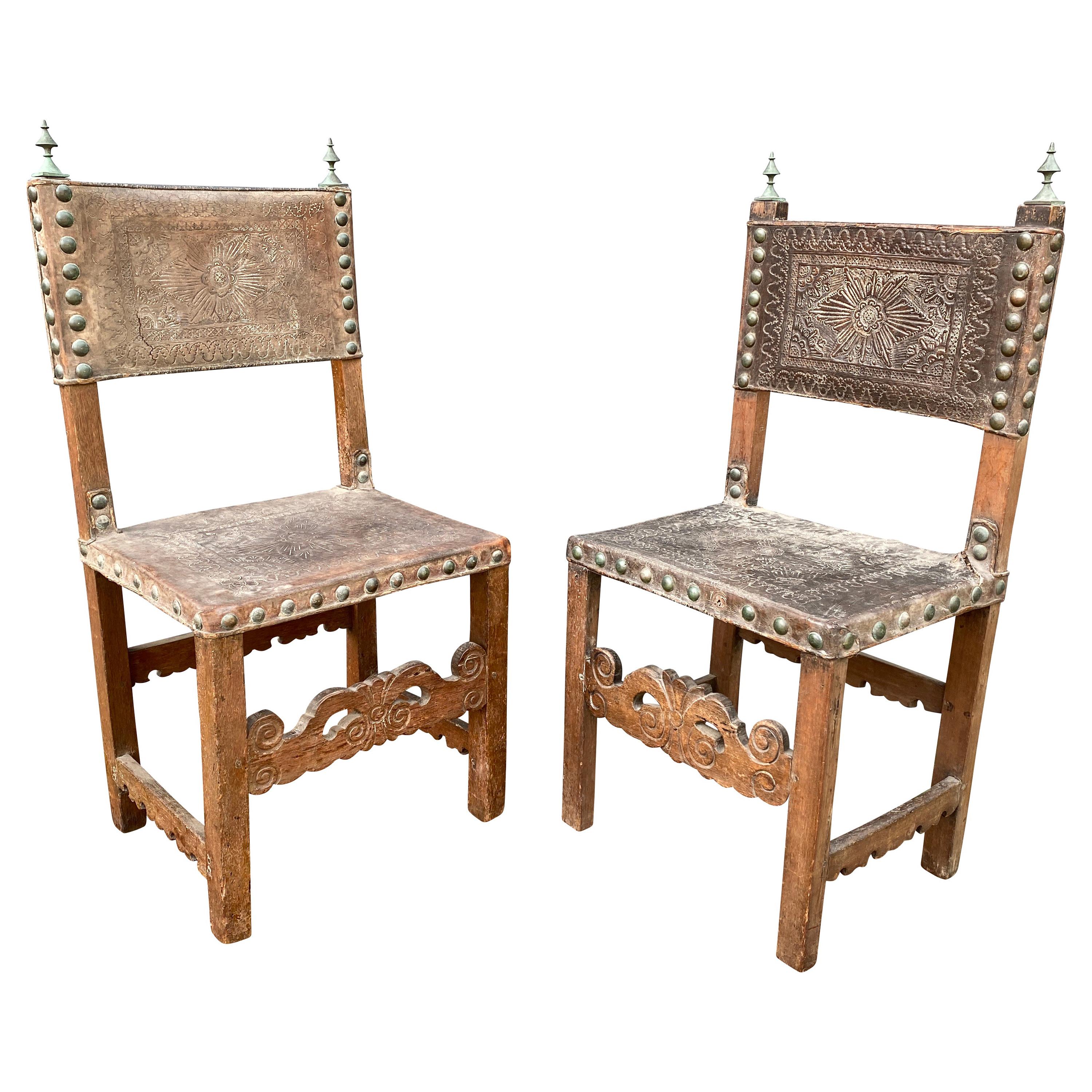 Pair of Spanish Baroque Embossed Leather Side Chairs For Sale