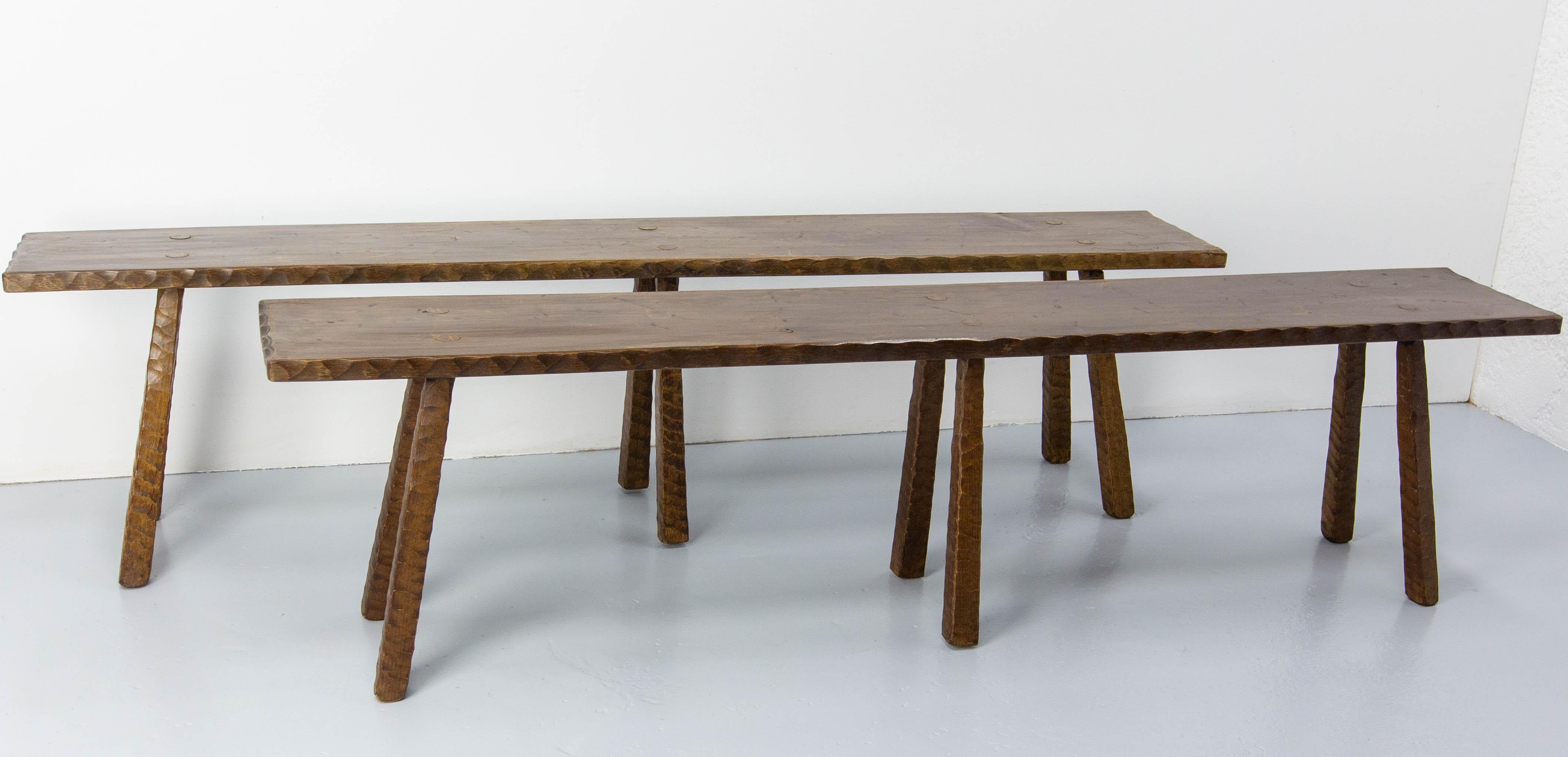 Spanish pair of benches made in 1960.
The legs of the benches as well as the edges of the seats have been worked to give a brutalist style.
In original vintage condition, sound and solid.

Shipping:
28.5 / 186 / 49 cm 25 kg 