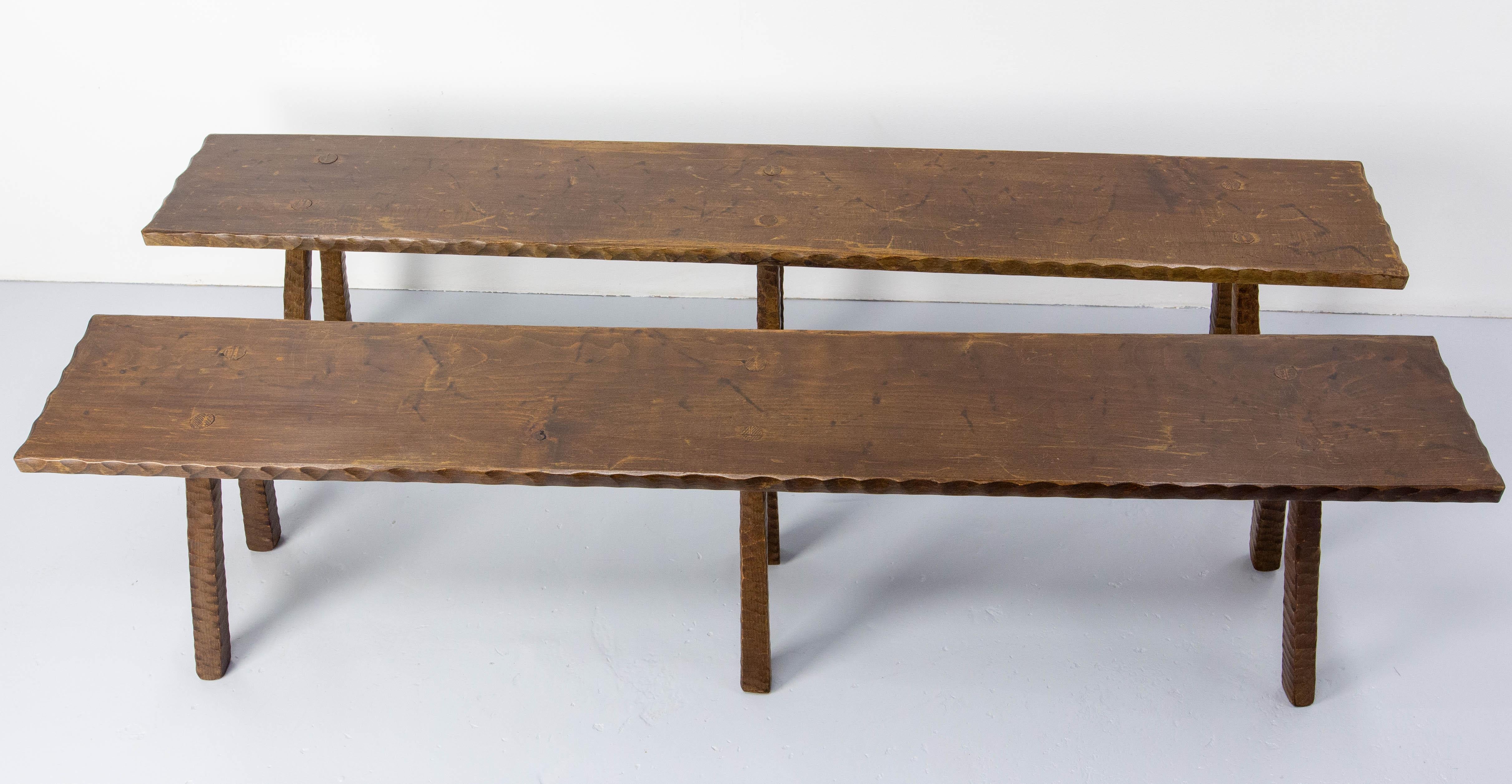 Pair of Spanish Benches Massive Beech, circa 1960 In Good Condition For Sale In Labrit, Landes