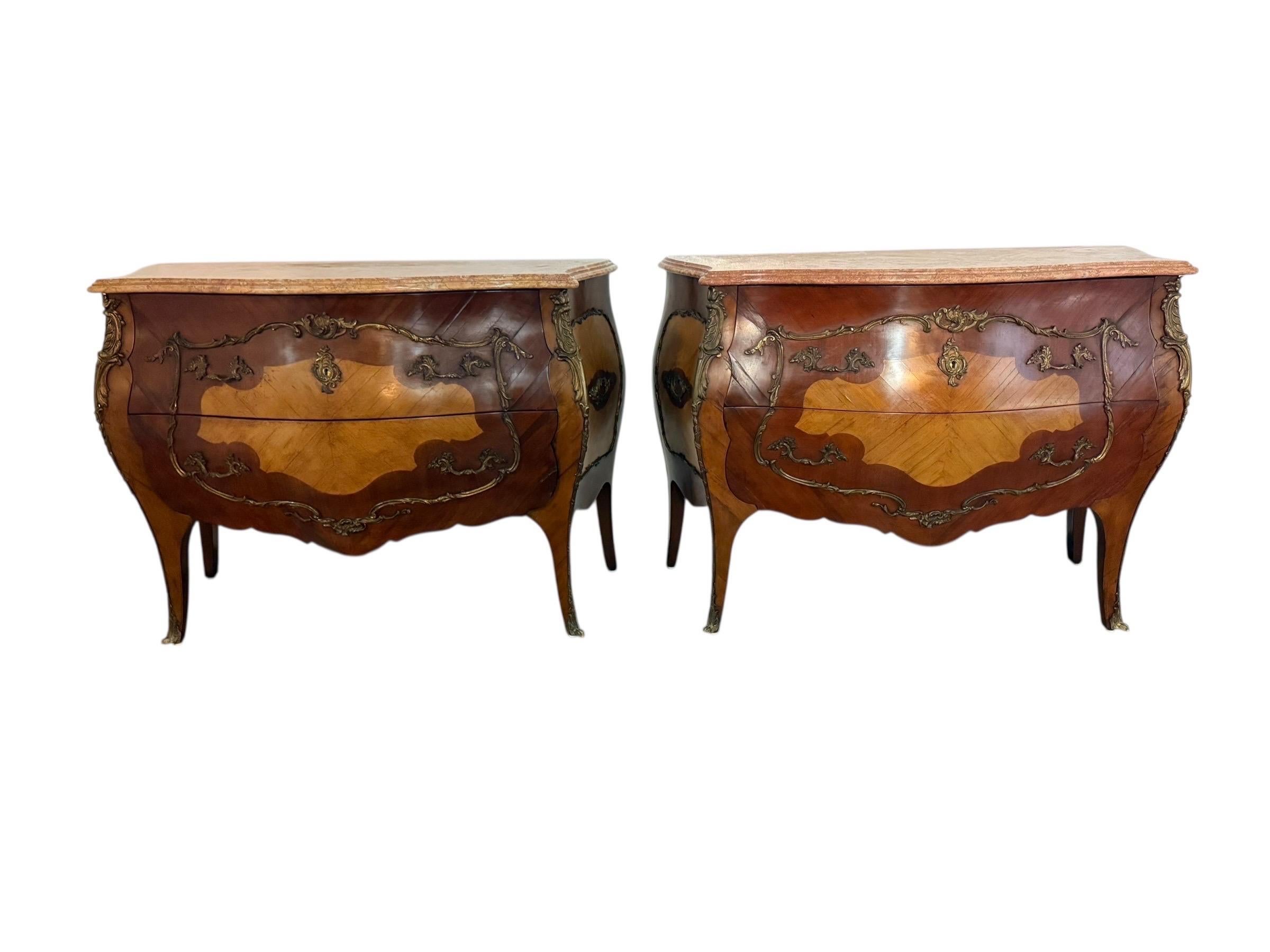 Inlay Pair of Spanish Bombe Chests with Portuguese Marble Tops For Sale