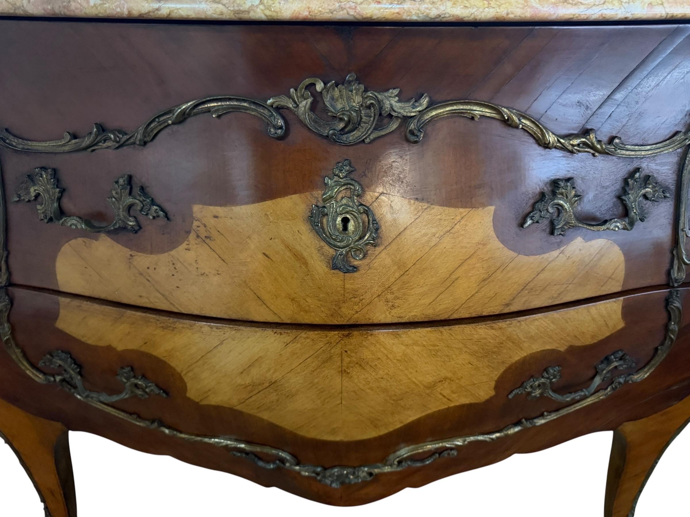 Pair of Spanish Bombe Chests with Portuguese Marble Tops In Distressed Condition For Sale In Los Angeles, CA