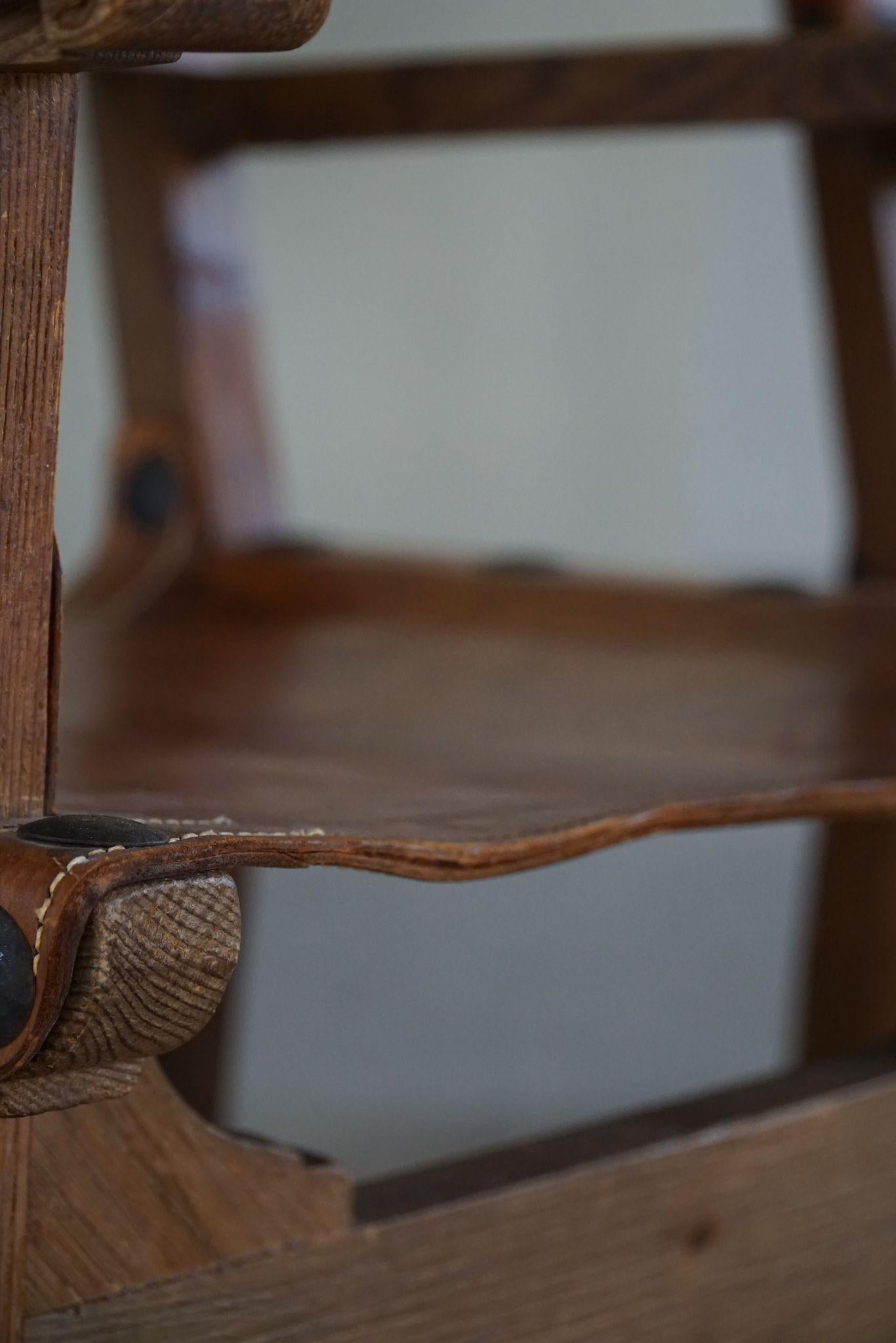 Pair of Spanish Brutalist Hunting Armchairs in Oak & Cognac Leather, Made 1960s 6