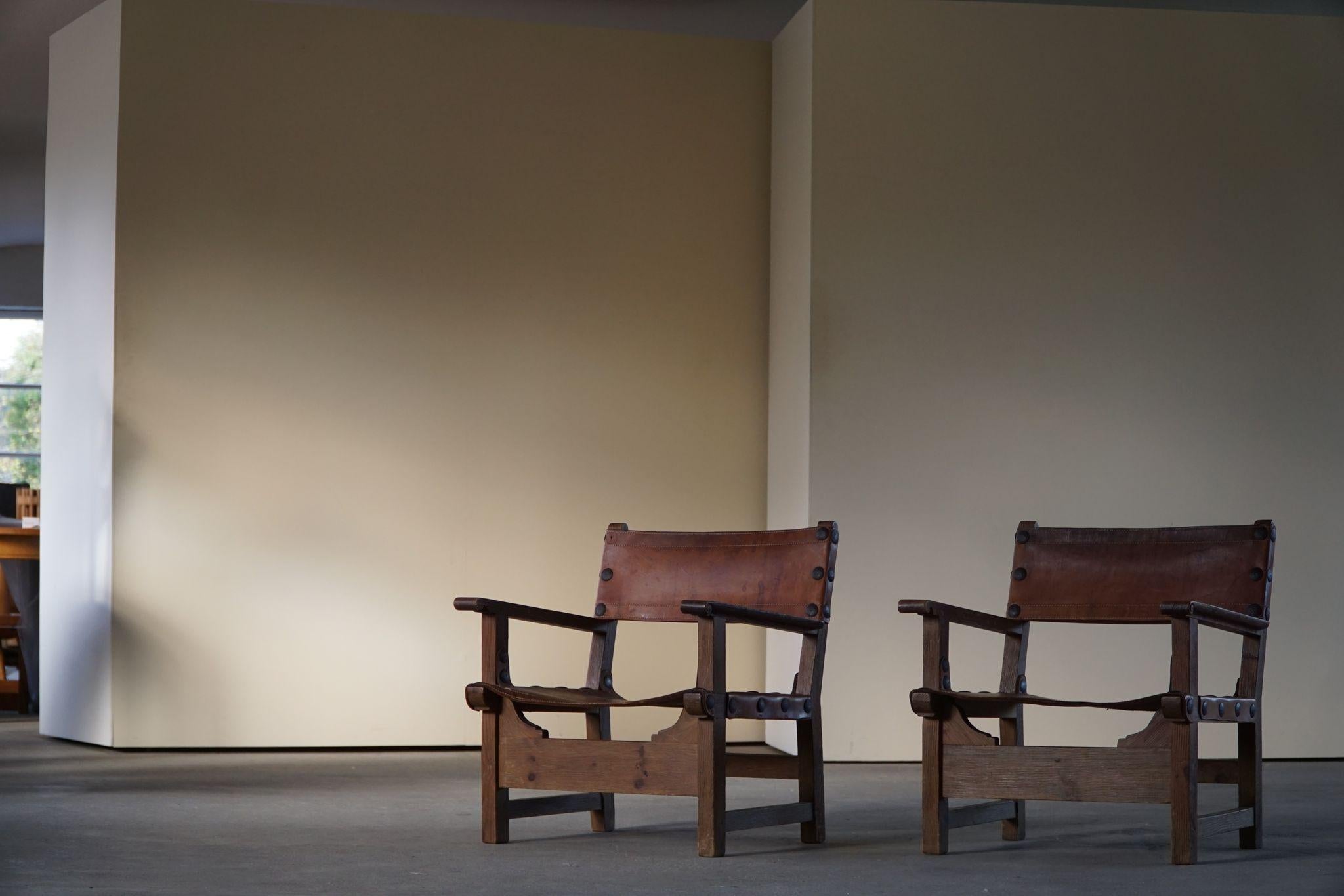 Pair of Spanish Brutalist Hunting Armchairs in Oak & Cognac Leather, Made 1960s 9