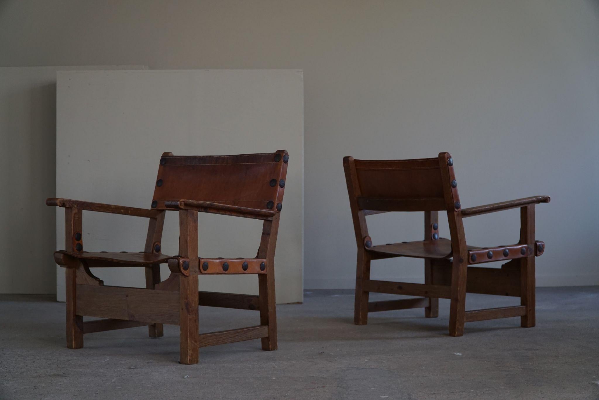 20th Century Pair of Spanish Brutalist Hunting Armchairs in Oak & Cognac Leather, Made 1960s