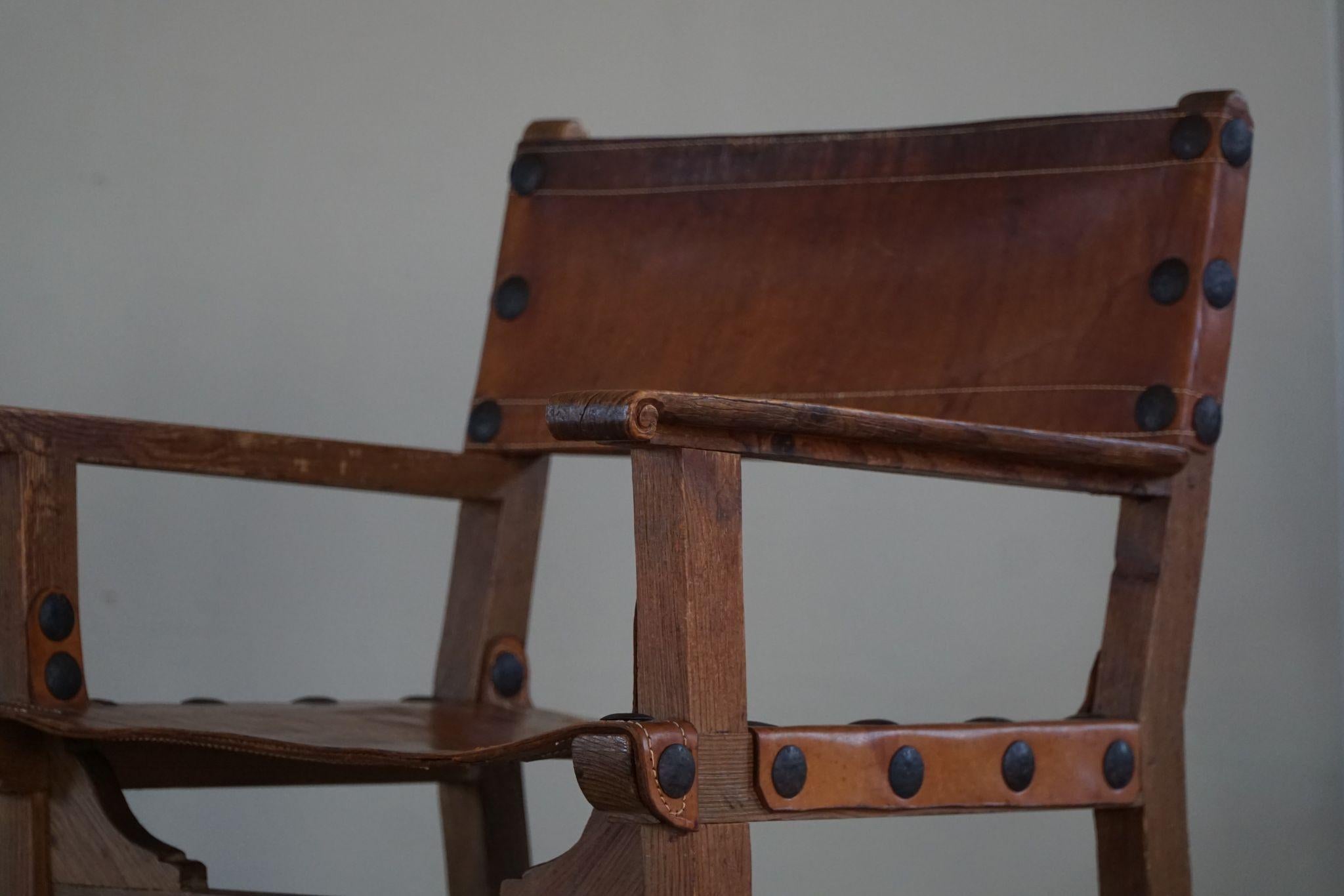 Pair of Spanish Brutalist Hunting Armchairs in Oak & Cognac Leather, Made 1960s 2