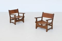 Paar spanische brutalistische Lounge-Stühle Eiche und Sattelleder Spanien 1960