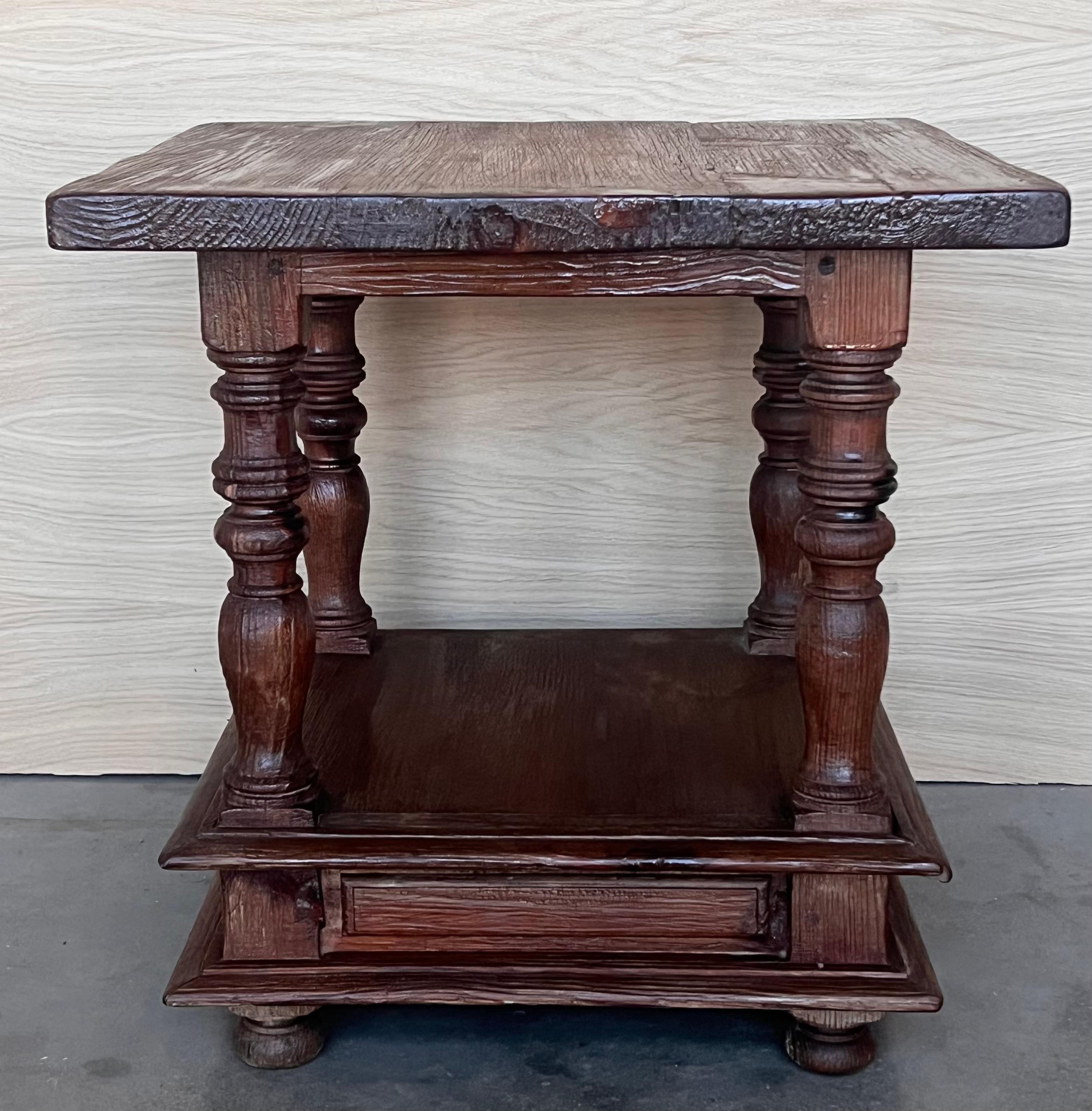 Spanish Colonial Pair of Spanish Brutalist Walnut Side or Coffee Tables with low shelve For Sale
