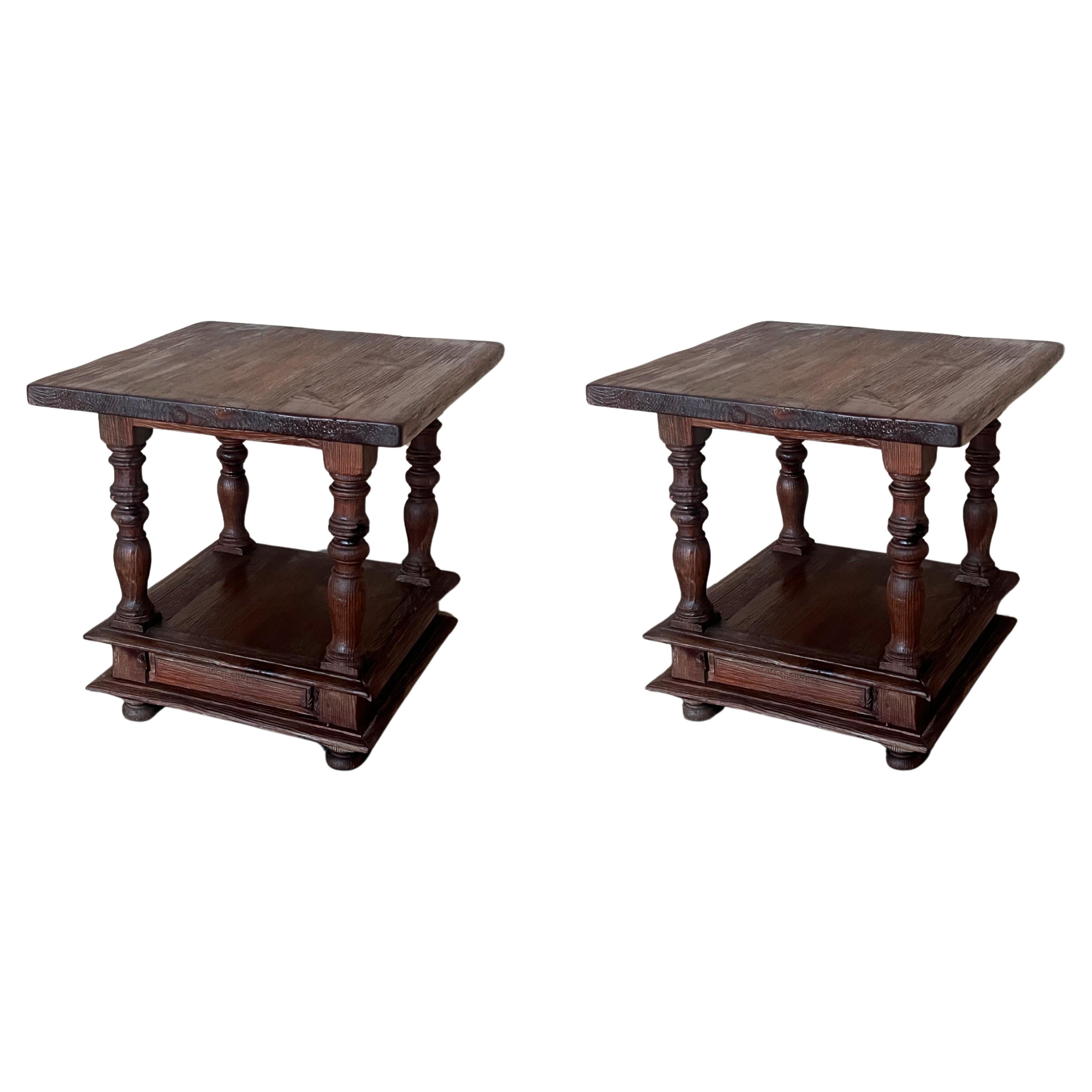 Pair of Spanish Brutalist Walnut Side or Coffee Tables with low shelve For Sale