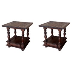 Antique Pair of Spanish Brutalist Walnut Side or Coffee Tables with low shelve