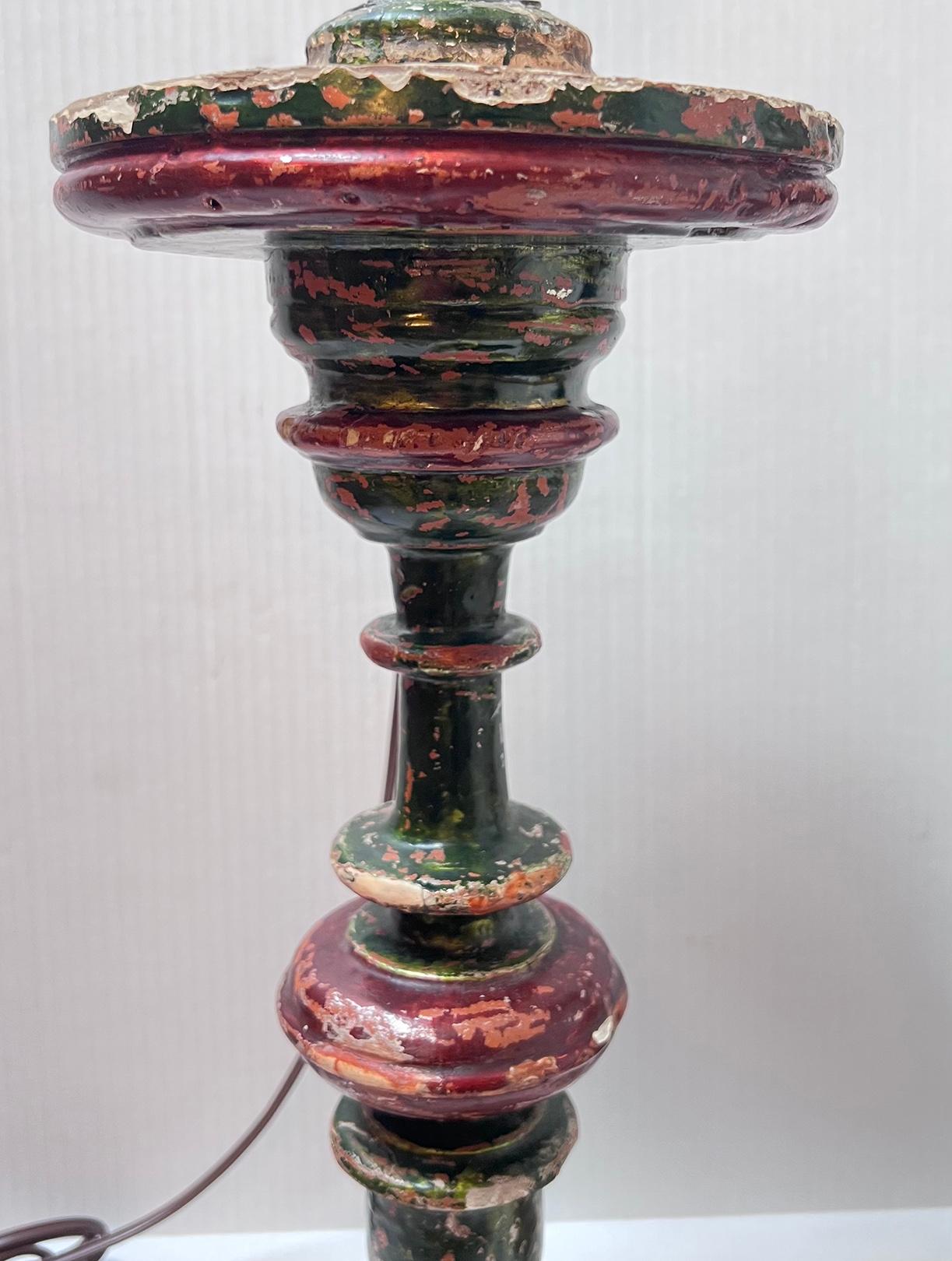 Polychromed Pair of Spanish Candlestick Lamps For Sale