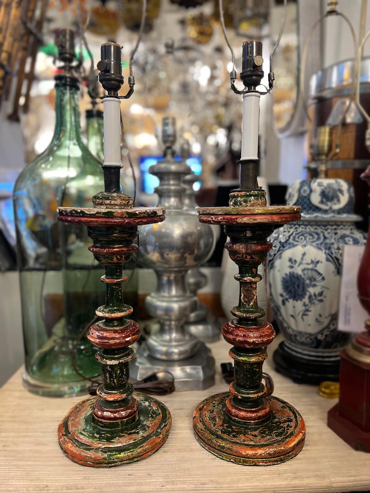 Wood Pair of Spanish Candlestick Lamps For Sale