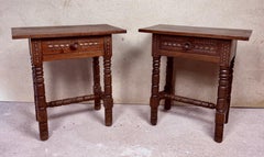 Pair of Spanish Carved Nightstands with Turned Legs, Mid 20th-Century