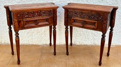 Pair of Spanish Carved Oak Nightstands with Drawer, 1930s