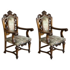 Pair of Spanish Carved Throne Armchairs with fluted legs
