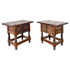 Pair of Spanish Carved Wood Bedside Tables with Floral Drawers, Mid-20th Century