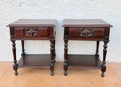 Pair of Spanish Carved Wood Bedside Tables with Lower Shelves, 1940s