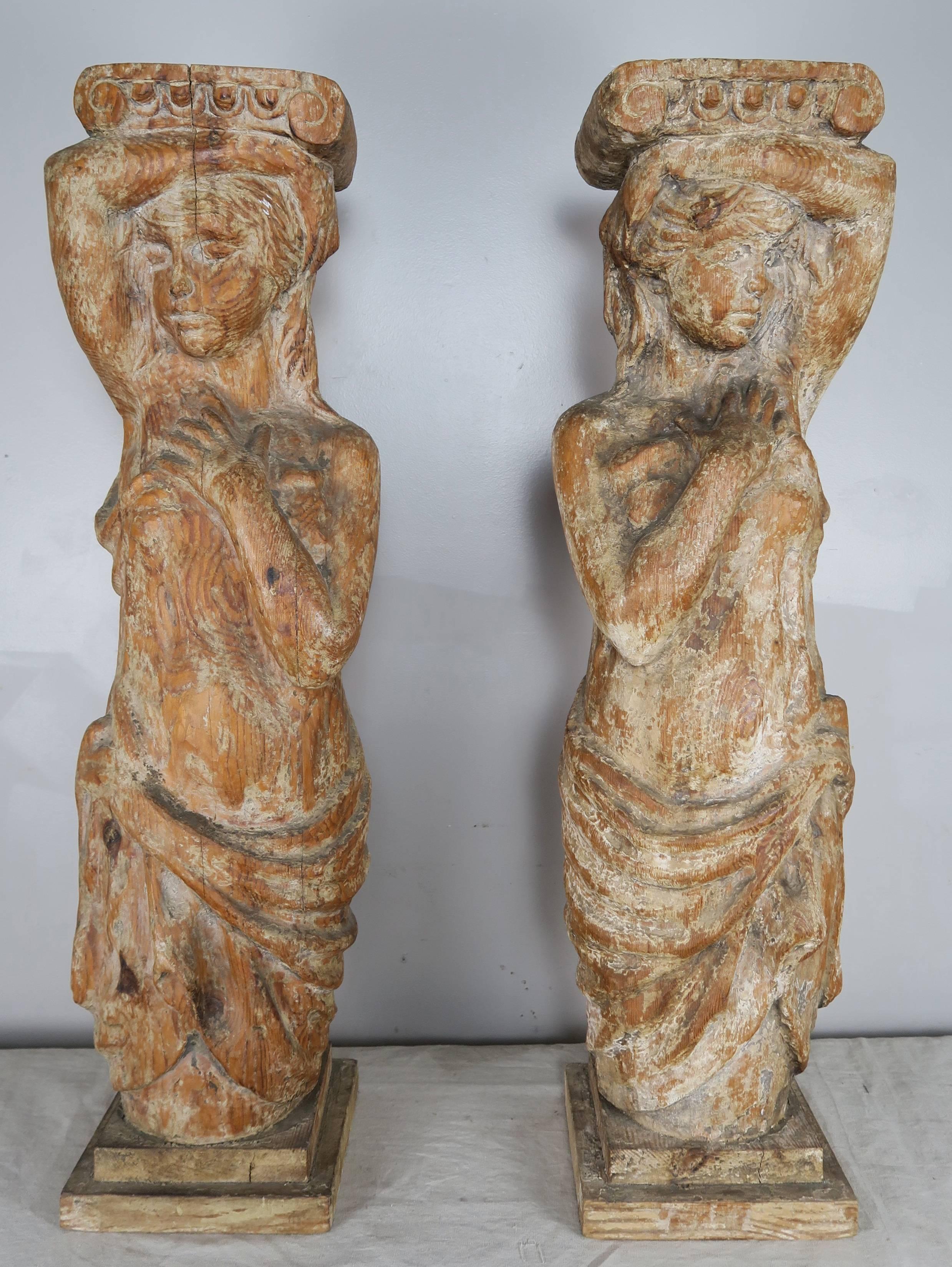 Pair of Spanish Carved Wood Figural Pedestals 8