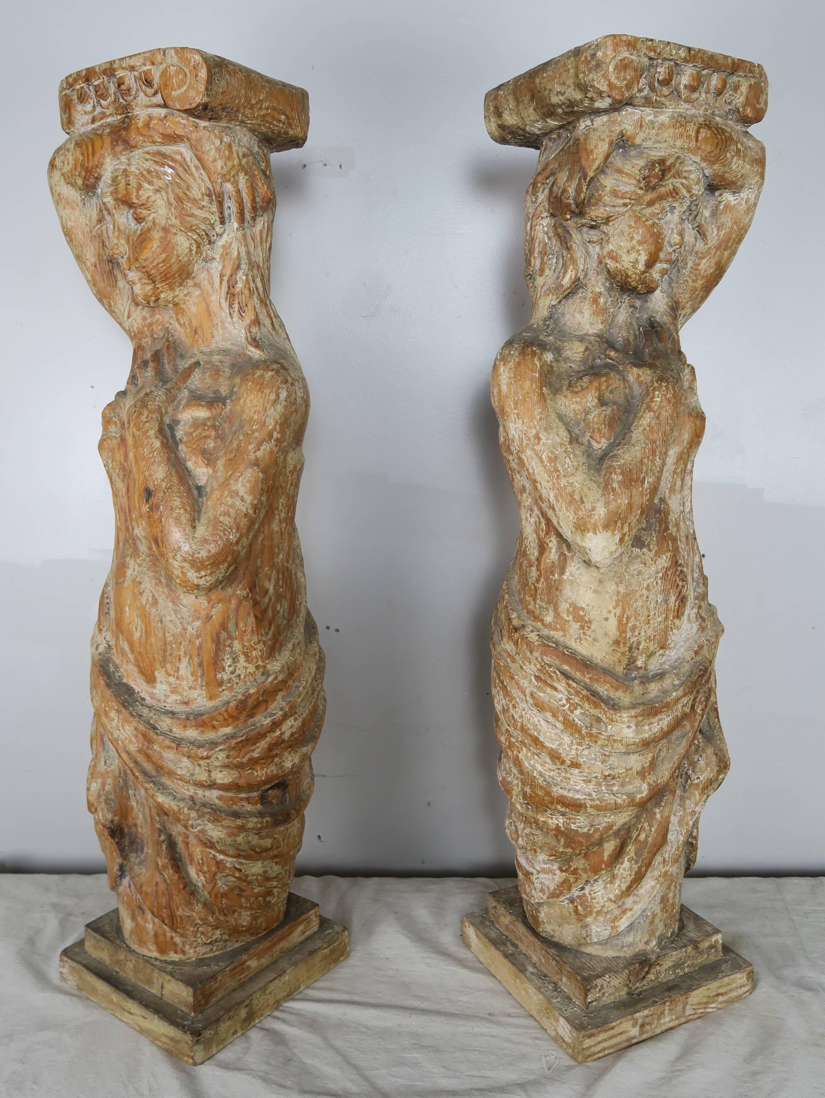 Baroque Pair of Spanish Carved Wood Figural Pedestals