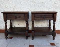 Pair of Spanish Castilian Bedside Tables in Solid Wood, 1940s