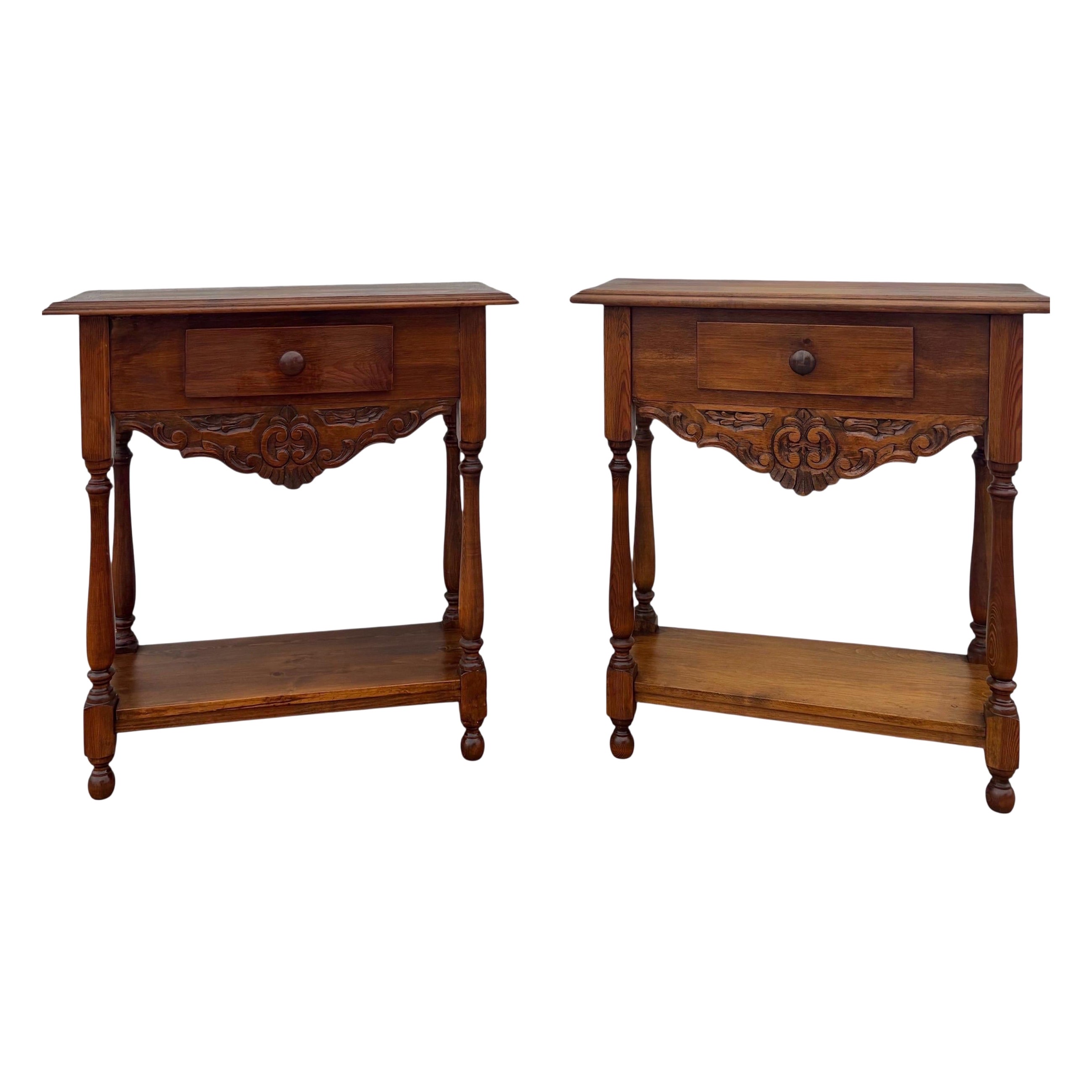 Pair of Spanish Castilian Style Carved Wooden Nightstands, Mid-20th Century