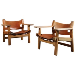 Pair of 'Spanish' Chairs by Børge Mogensen for Fredericia in Oak and Leather