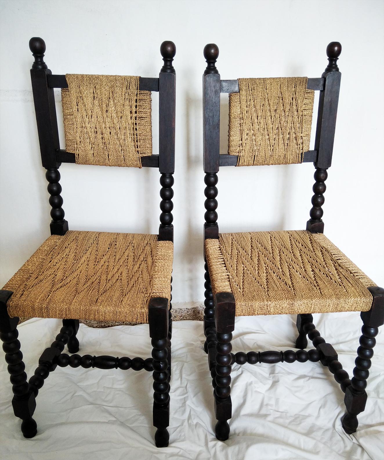 Chairs in Turned Oak Wood and Interwoven Rope. Spain 19th  For Sale 5