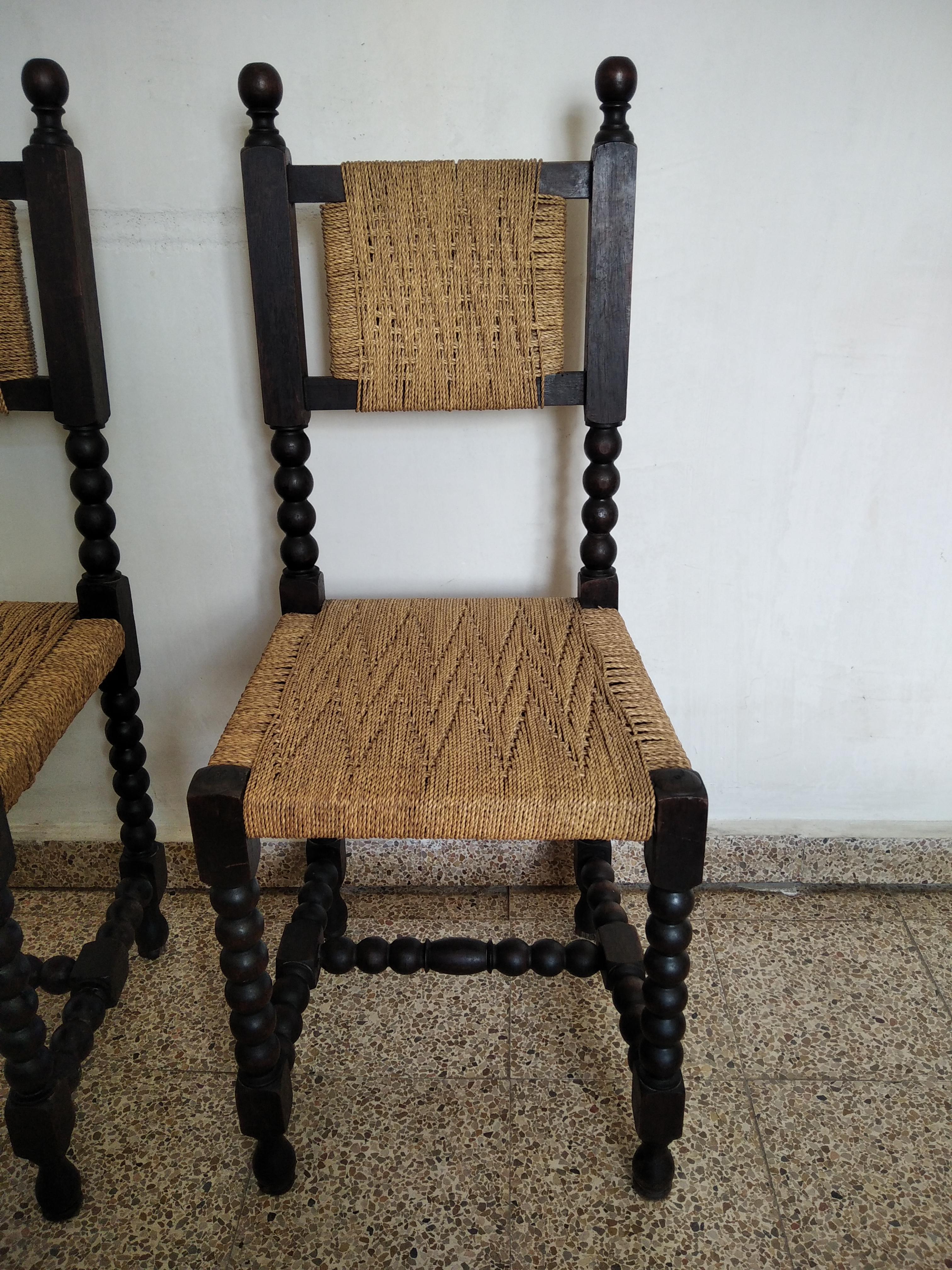 Chairs in Turned Oak Wood and Interwoven Rope. Spain 19th  For Sale 10