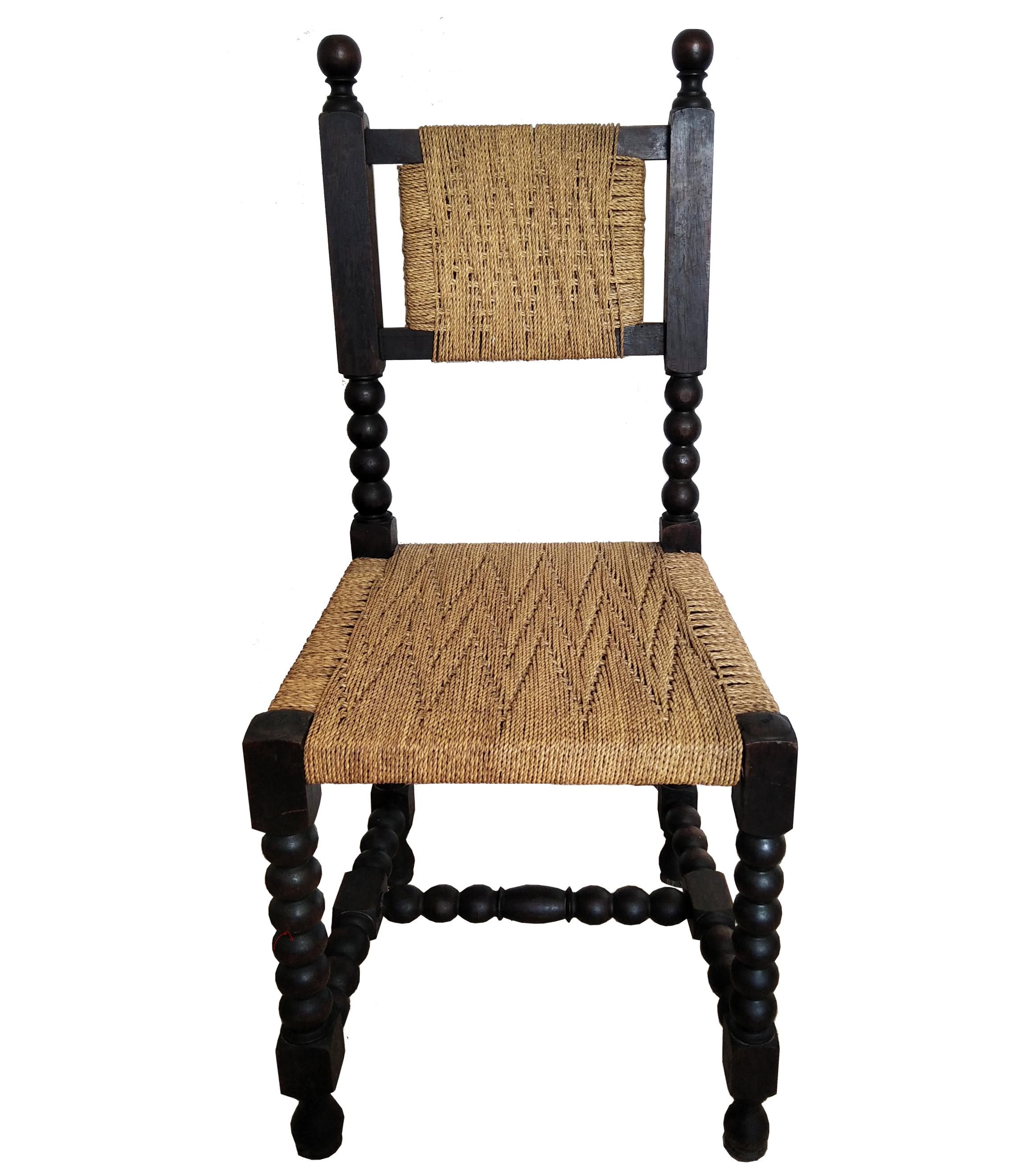 Spanish Colonial Chairs in Turned Oak Wood and Interwoven Rope. Spain 19th  For Sale