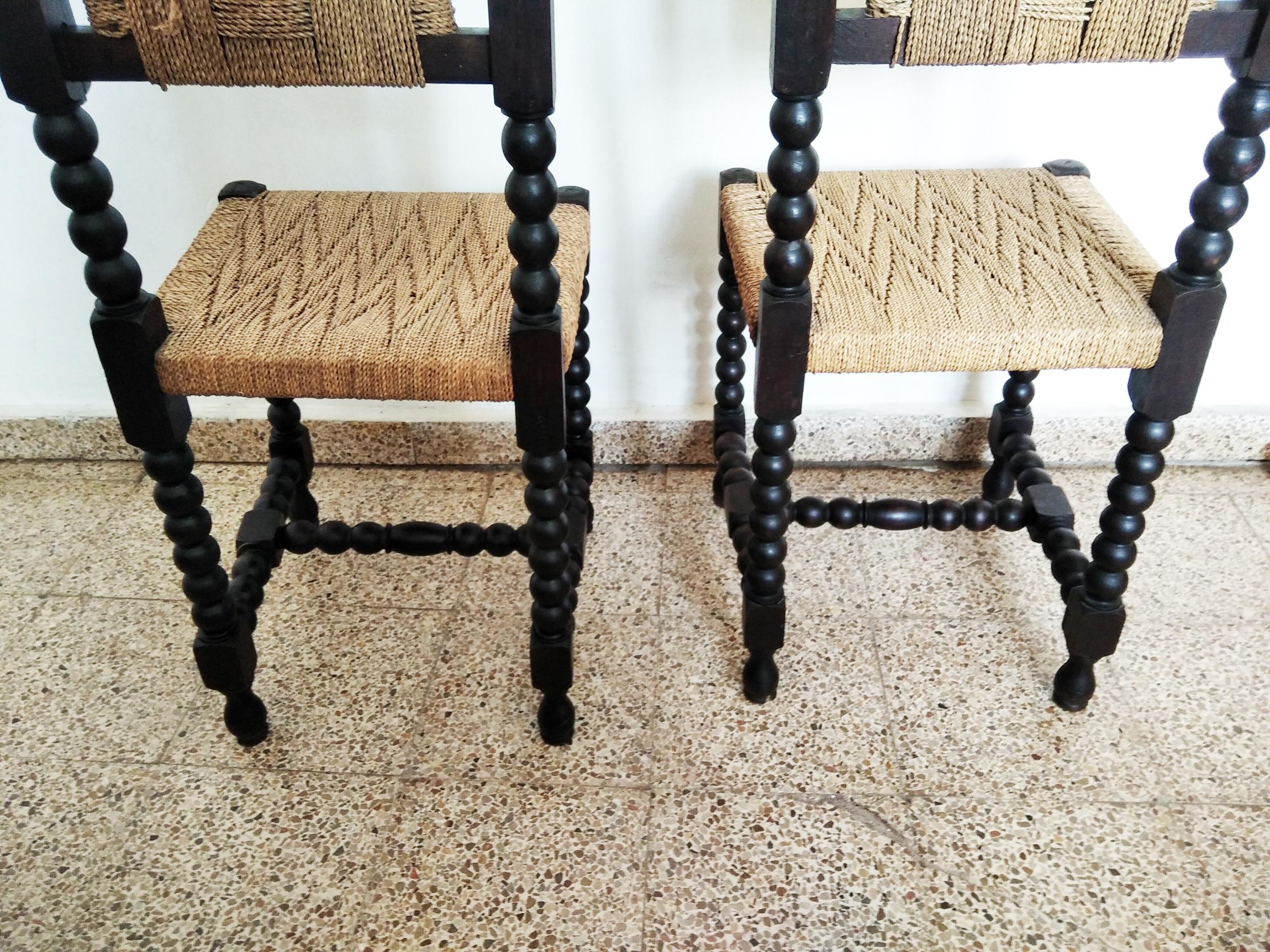 Spanish Chairs in Turned Oak Wood and Interwoven Rope. Spain 19th  For Sale