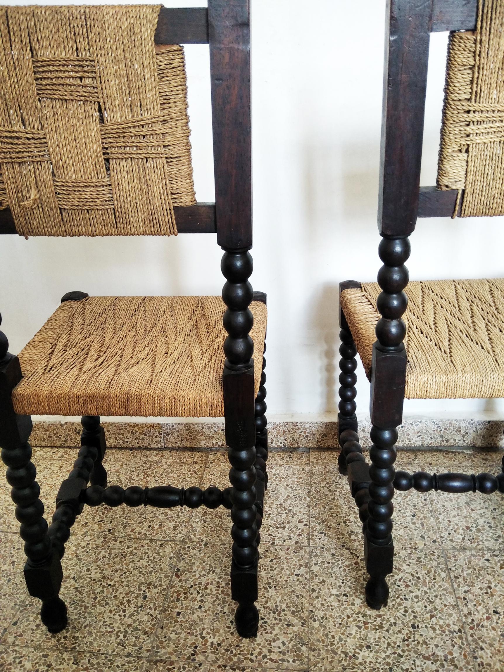 Chairs in Turned Oak Wood and Interwoven Rope. Spain 19th  In Excellent Condition For Sale In Mombuey, Zamora