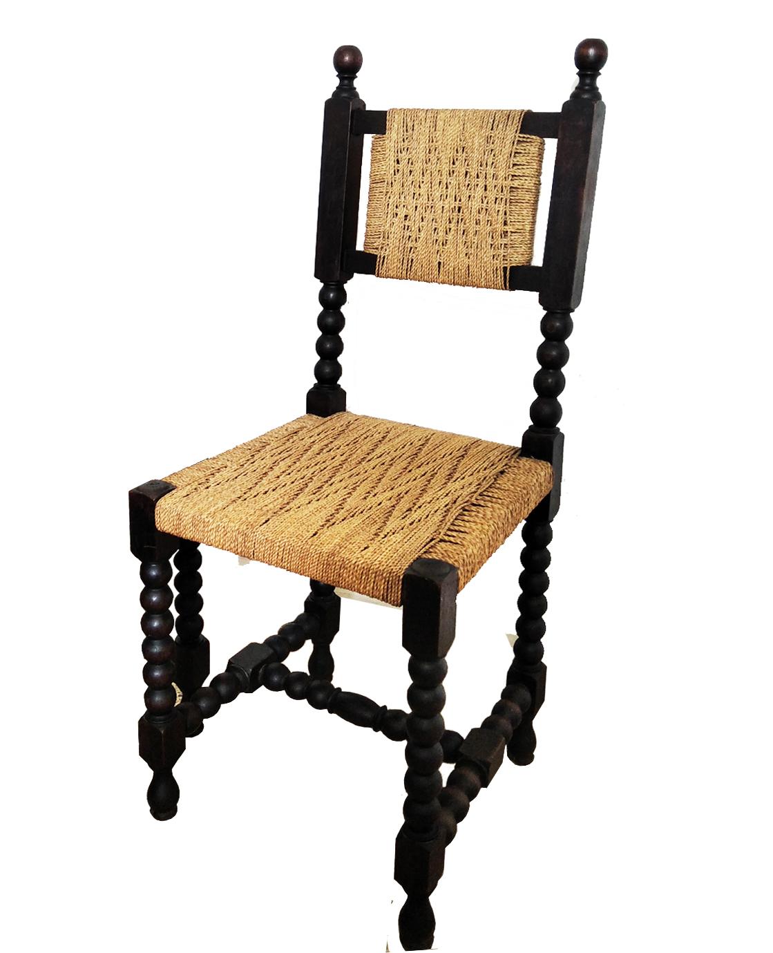 19th Century Chairs in Turned Oak Wood and Interwoven Rope. Spain 19th  For Sale