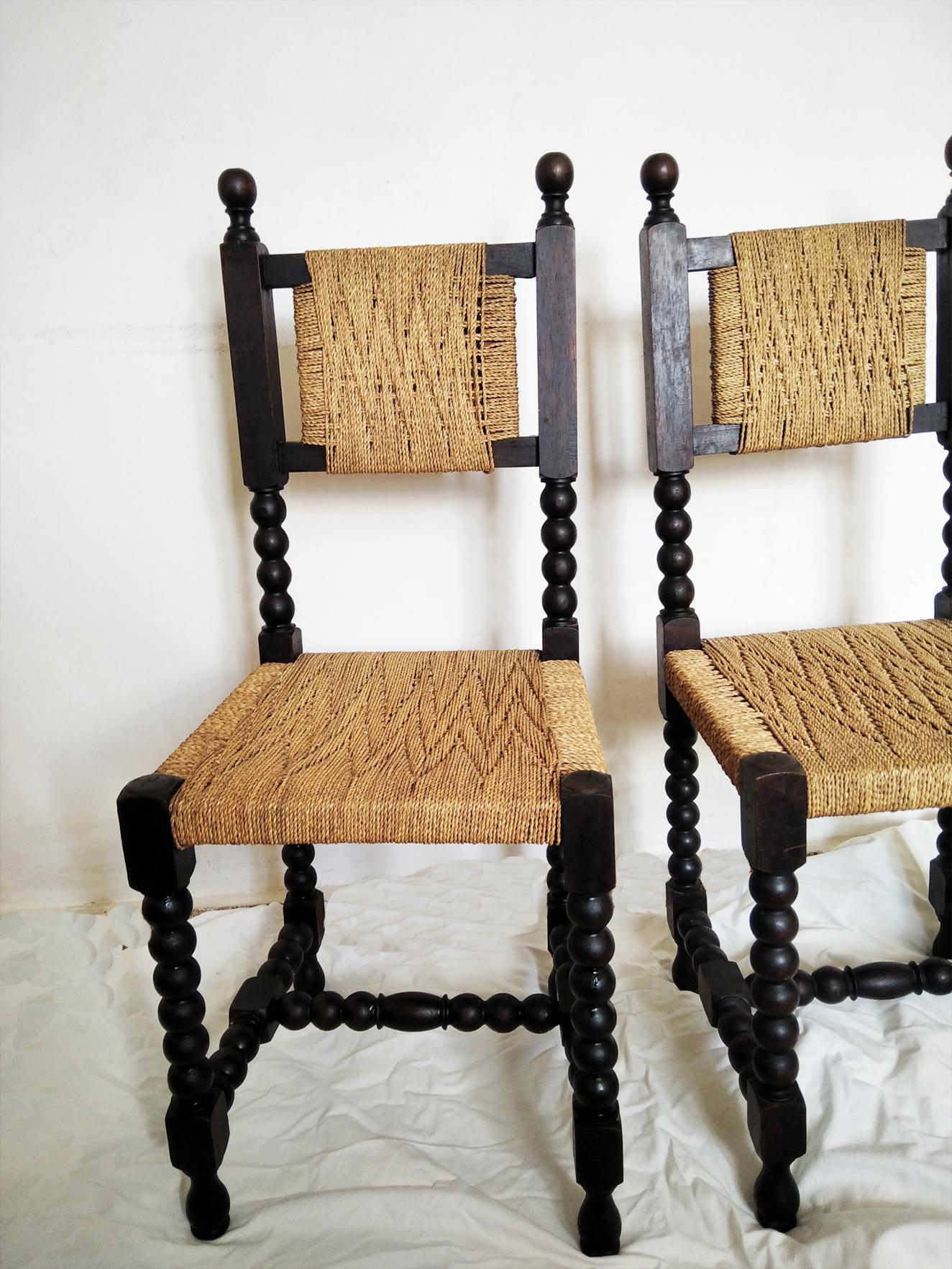 Chairs in Turned Oak Wood and Interwoven Rope. Spain 19th  For Sale 2