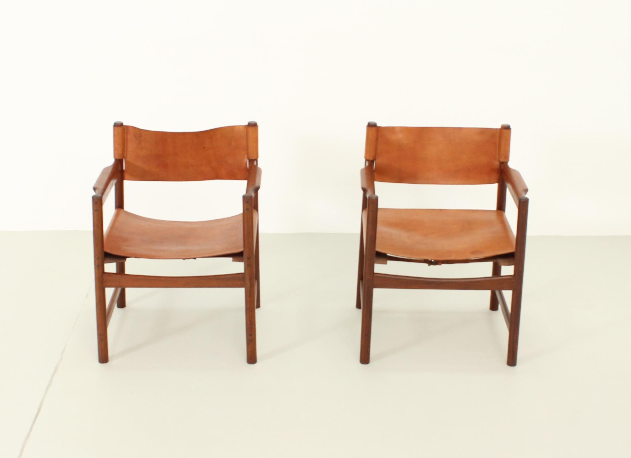 Mid-Century Modern Pair of Spanish Chairs in Cognac Leather, Spain, 1960's