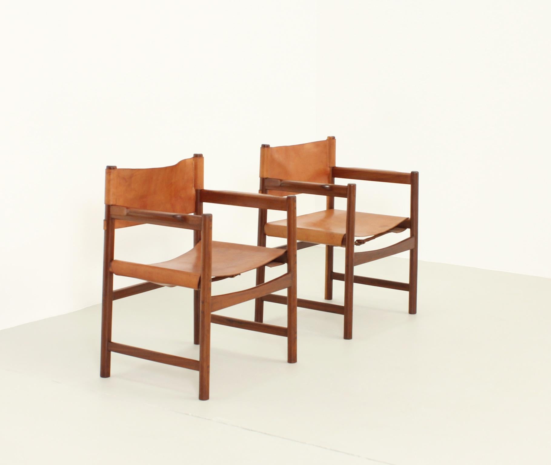 Mid-20th Century Pair of Spanish Chairs in Cognac Leather, Spain, 1960's